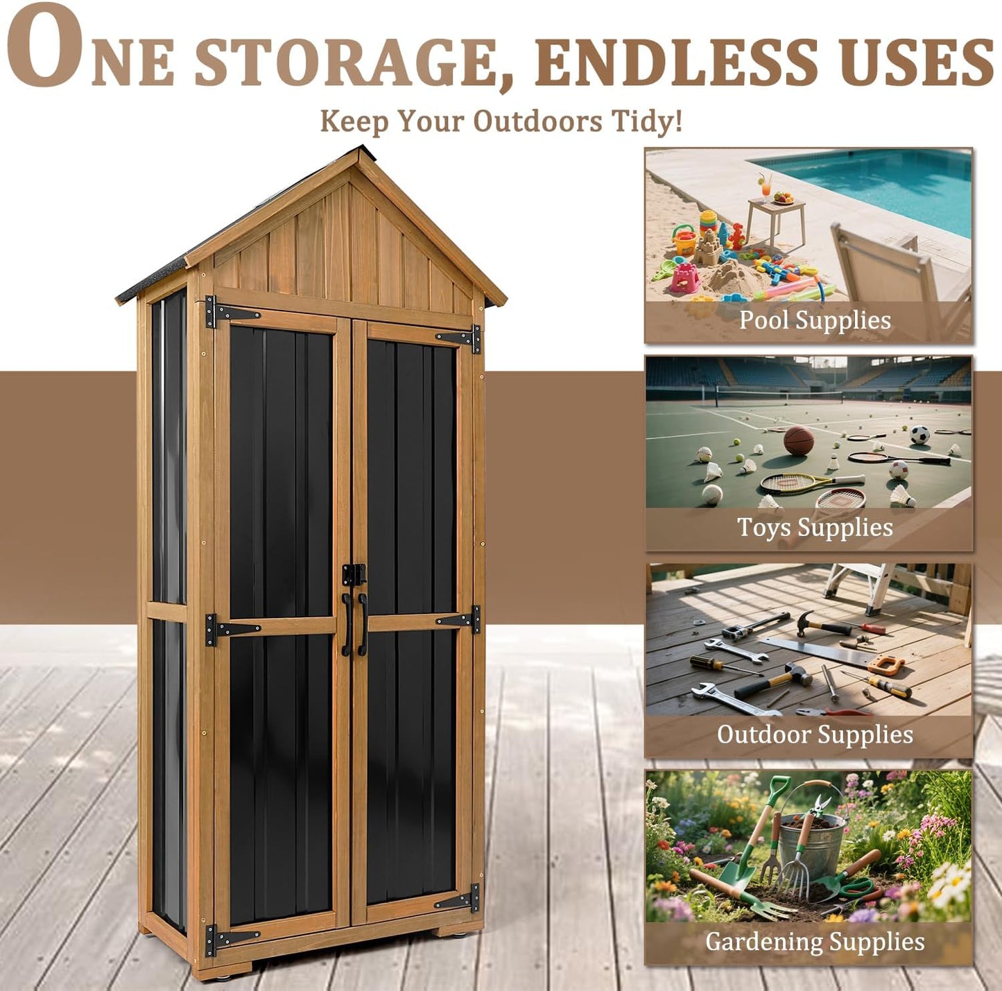 Outdoor Storage Cabinet Waterproof, Outdoor Storage Shed with Shelves, Wood & Metal Patio Backyard Garden Storage Cabinet Tool Organizer for Outside