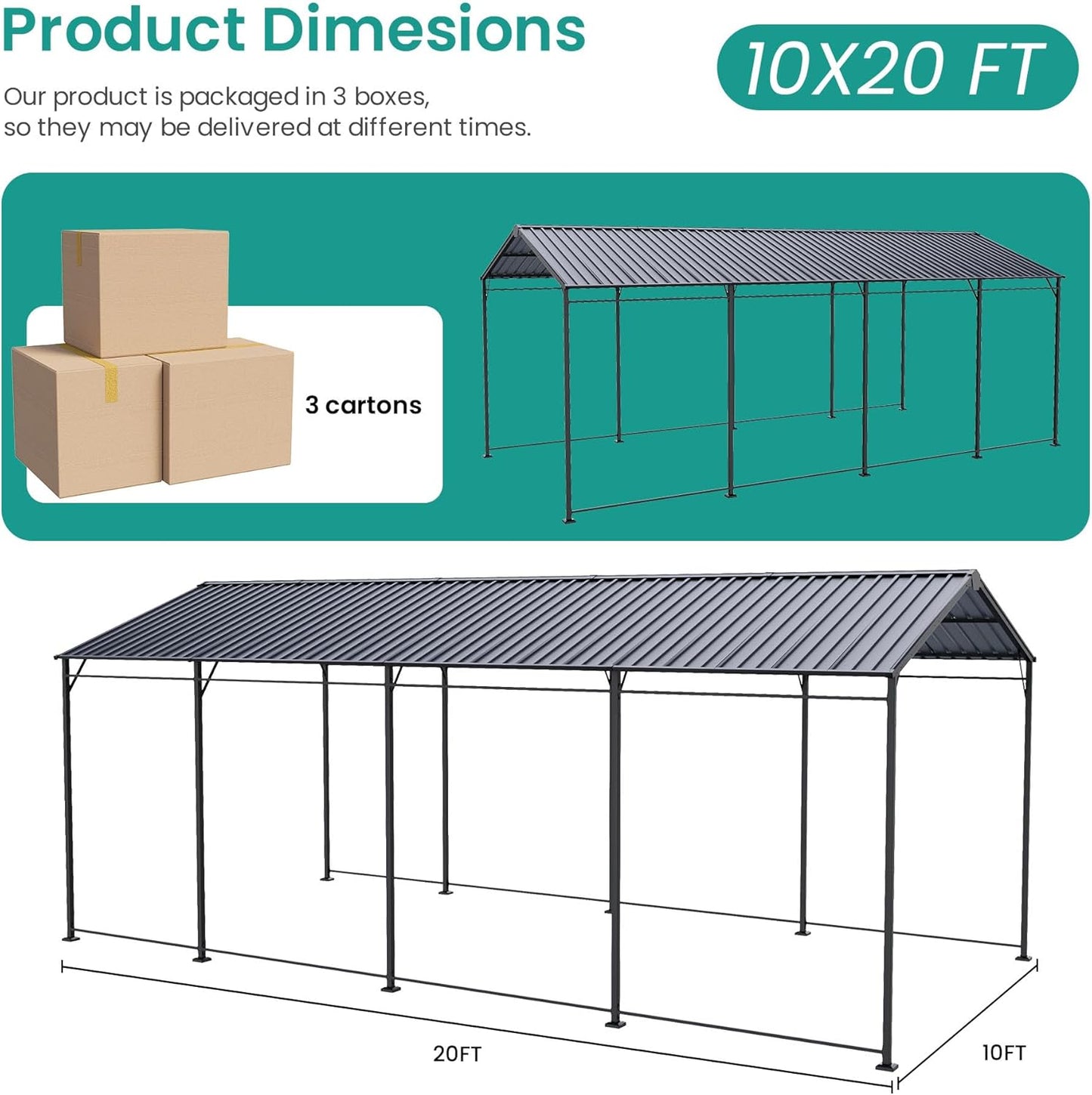 SUNBURY 10 x 20 ft Metal Carport with Galvanized Steel Roof, Heavy Duty Metal Carports Canopy, Outdoor Garage Car Shelter Shade for Pickup, Boat, Car and Tractors, Grey