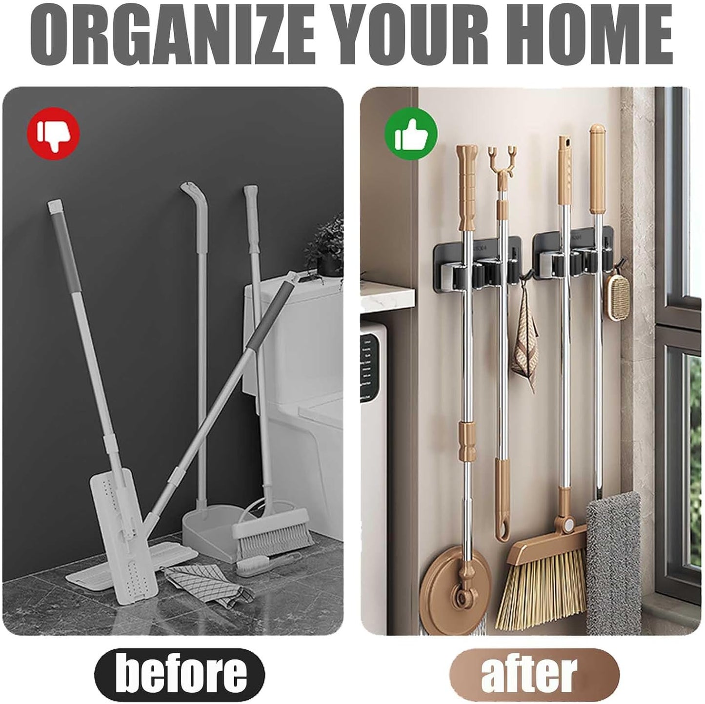 Stainless Steel Mop and Broom with Hook, Heavy Duty Rust Resistant Self Adhesive Mop and Broom Holder Wall Mount for Bathroom, Kitchen, Office, Garden, Garage, With 3M VHB Sticky Pads