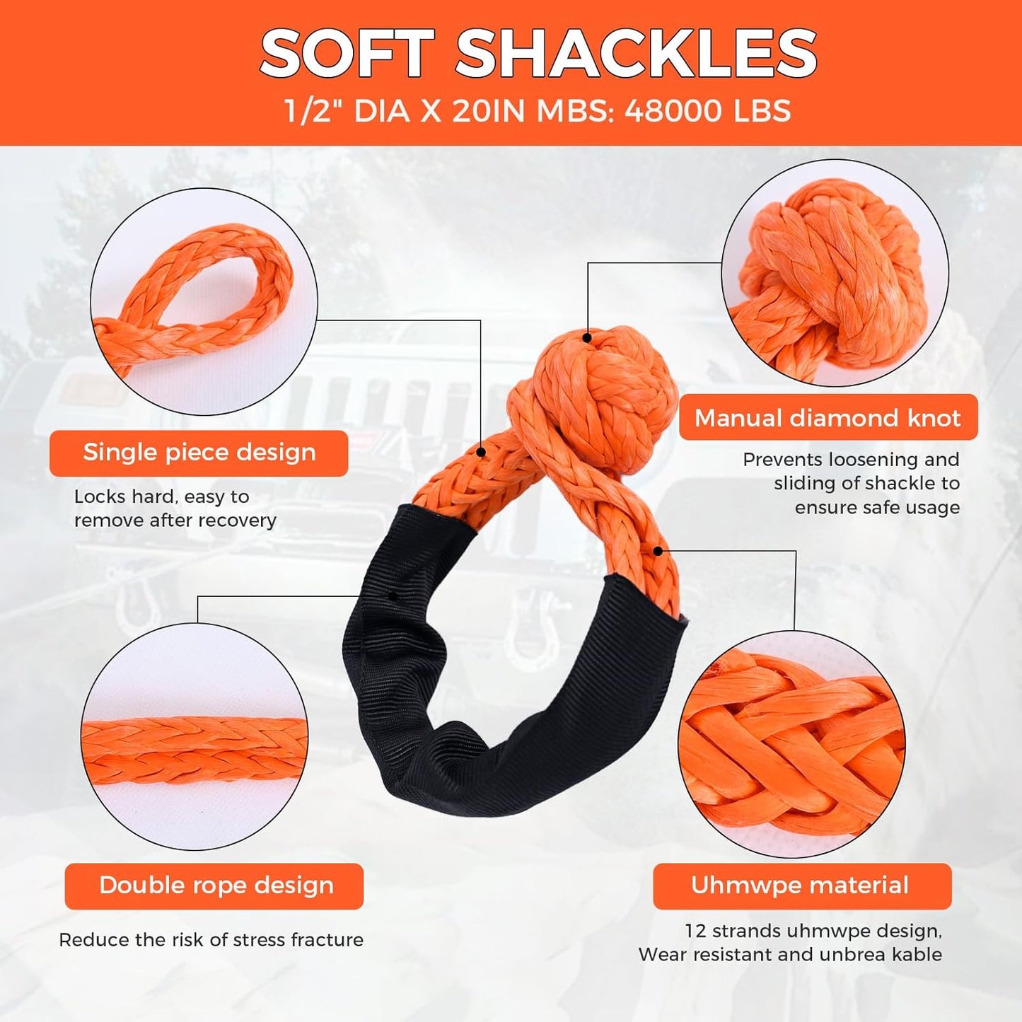 Kinetic Recovery Tow Rope, 48000LBS Snatch Strap with Soft Shackles, Extreme Duty 30% Elasticity Energy Offroad Towing Straps Kit for Car Jeep Trucks SUV UTV ATV Tractor - 1" x 20ft, Orange