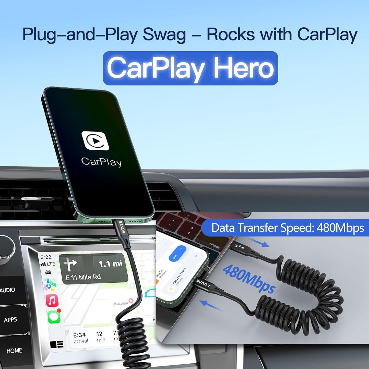 AGVEE 5ft Coiled Short USB-C to Lightning Charging Cable [MFI Certified] 30W PD Fast Charger Cord in Car for iPhone 14/13/12/11/XS/8/7/6/5 CarPlay, iPad, iPod, Black