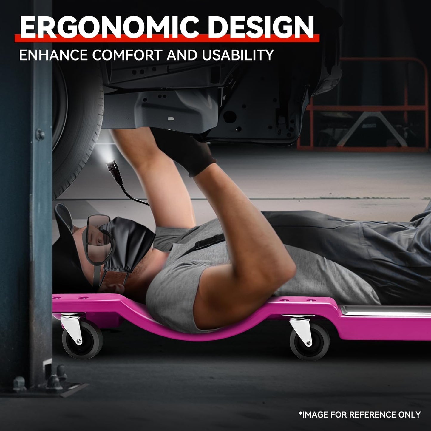 Auto Dynasty 40 Inches Mechanic Creeper, Automotive Garage Repair Low Profile Under Car Rolling Creeper with LED Light and Padded Headrest, Plastic, Purple