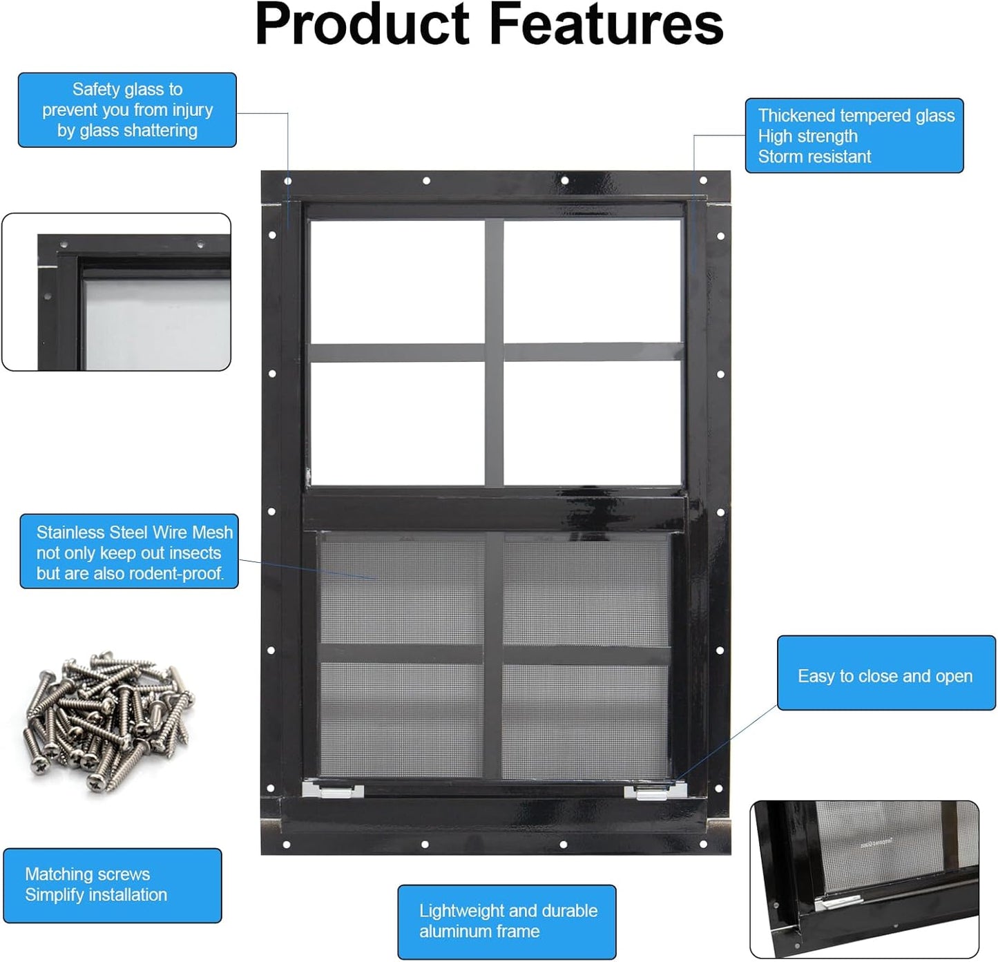 NeatiEase Upgraded Shed Windows 2 Pack, 36" x 36" Windows with Tempered Glass and Stainless Steel Screen for Shed, Chicken Coop, Playhouse, Household, Garage(Black)