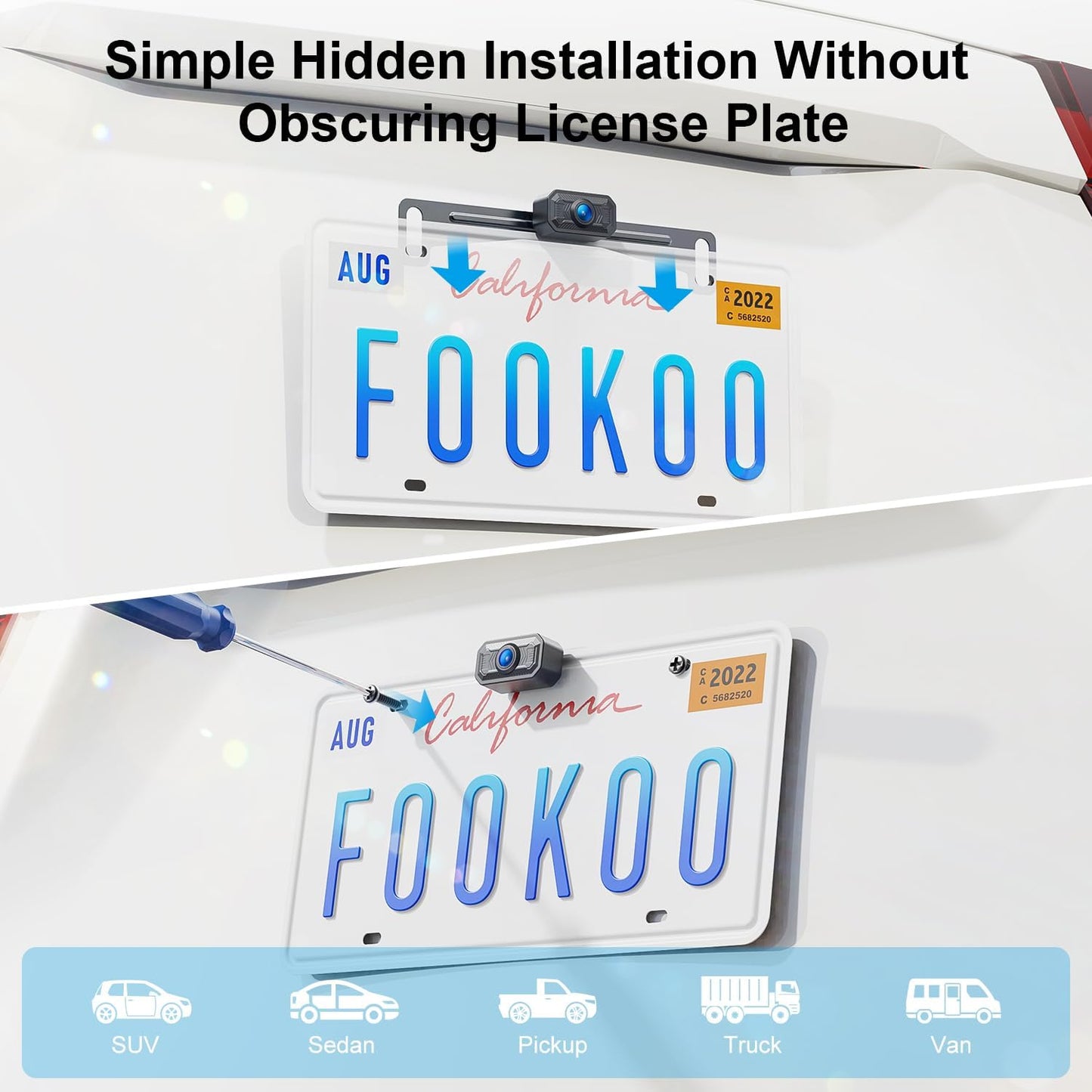 Fookoo HD 1080P 5-inch Wireless Backup Camera, 5" Split Screen Monitor Rear View Licence Plate Camera, DIY Guide Lines Wide Angle IP69 Waterproof Easy to Install for Car Pickup Van SUV - DW5CT