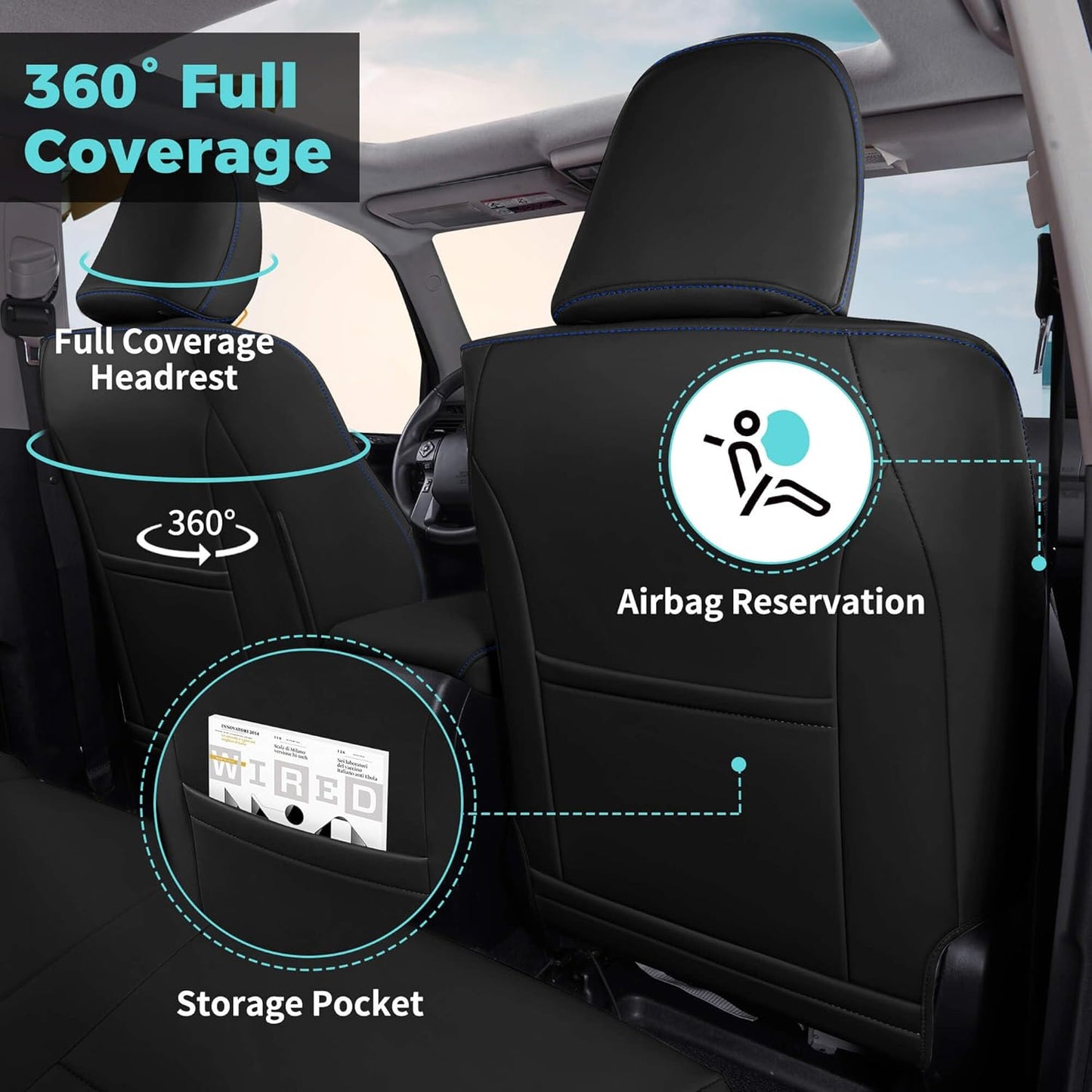 Seat Covers for Toyota 4Runner 2011-2024, Faux Leather Car Seat Cover Full Set, 3-Row-Only for 7 Seats Version-BlackBlue