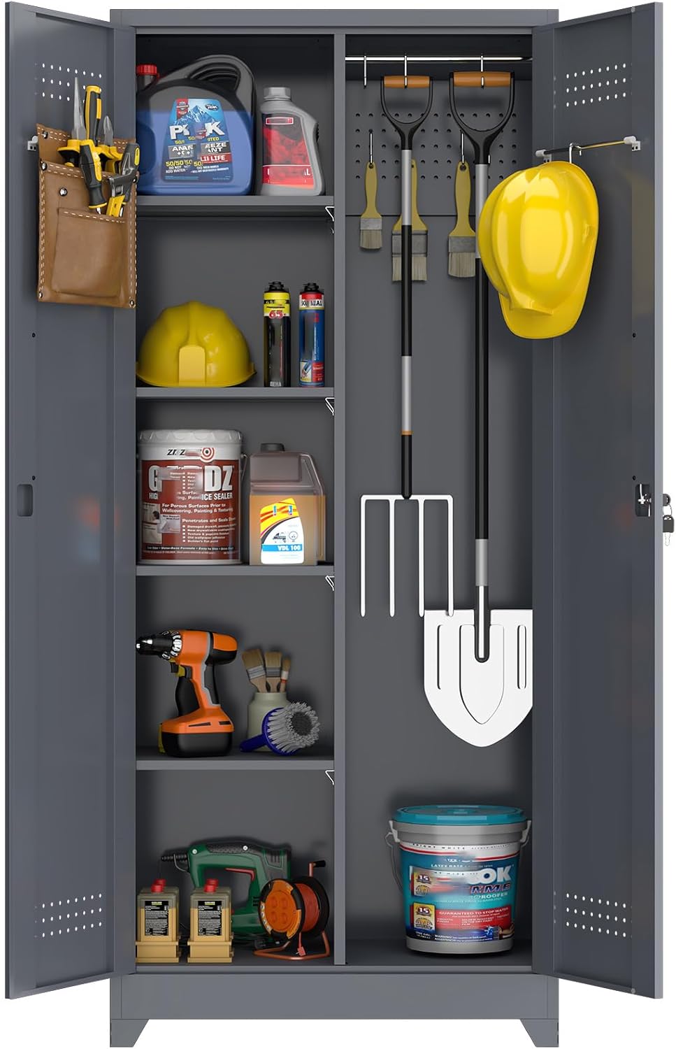 GREATMEET 72.8" H Metal Storage Cabinets with Doors and Shelves, Grey Broom Closet Storage Cabinet, Broom and Mop Utility Cabinet for Home,Kitchen,Garage