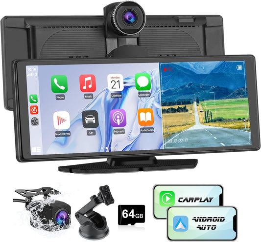 Portable Wireless CarPlay Screen for Car with 4K Dash Cam and 1080P Backup Camera, Car Stereo with 10.26”IPS Touch Screen, Support Carplay/Android Auto/GPS/Bluetooth/Mirror Link/AirPlay