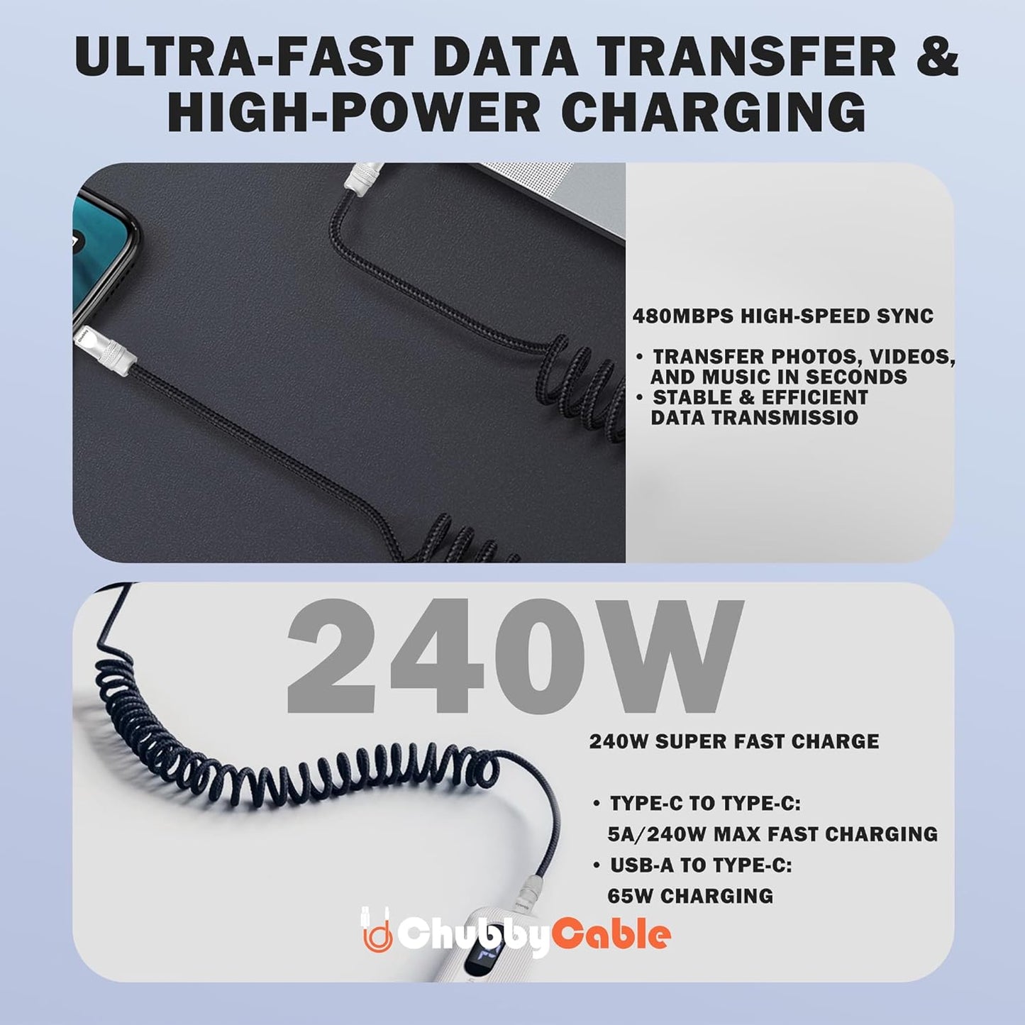 chubbycable Curly Chubby - Retractable Fast Charging Cable 240W Coiled Charger Cord for Car Durable USB-C Cable for Phones, Tablets and More, Orange, Type-C to Type-C, 1.3FT-2.3FT