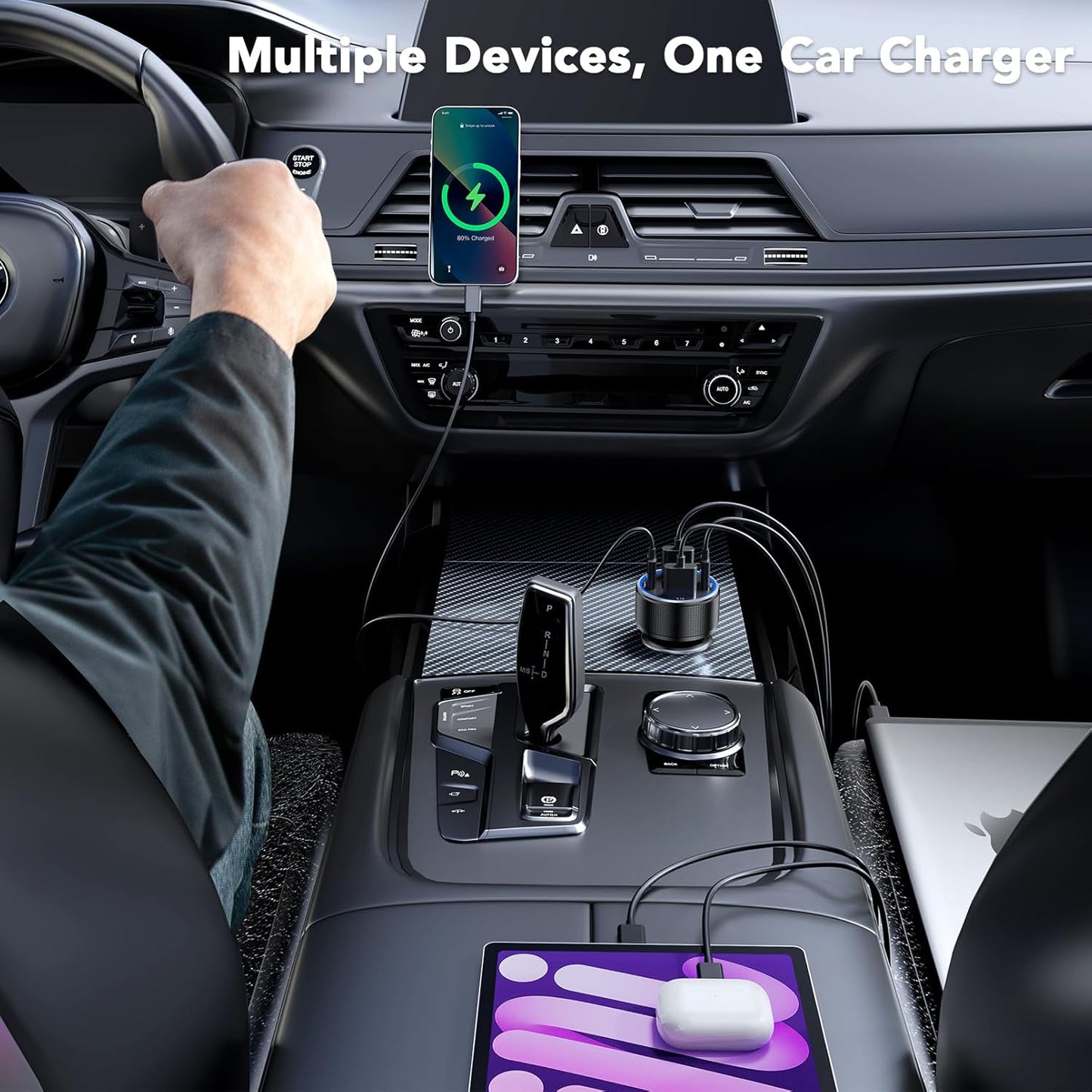 USB C Car Charger, Car Accessories for iPhone Aluminum Alloy Type C Car Charger Adapter Cigarette Lighter USB Charger Fast Charging for iPhone 16 15 14 13 Samsung Galaxy Google iPad Android