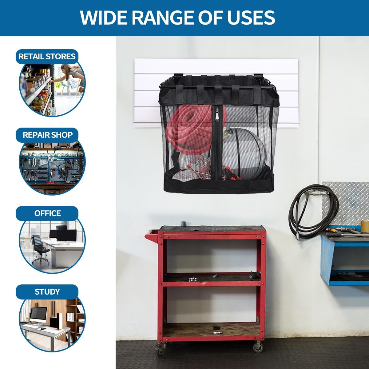 4Pcs Large Slatwall Baskets Mesh Slatwall Baskets with Zipper Mounted Storage Baskets Hanging Slatwall Accessories for Shops Rooms Storage Display Organizing(16 * 12 * 16inch)