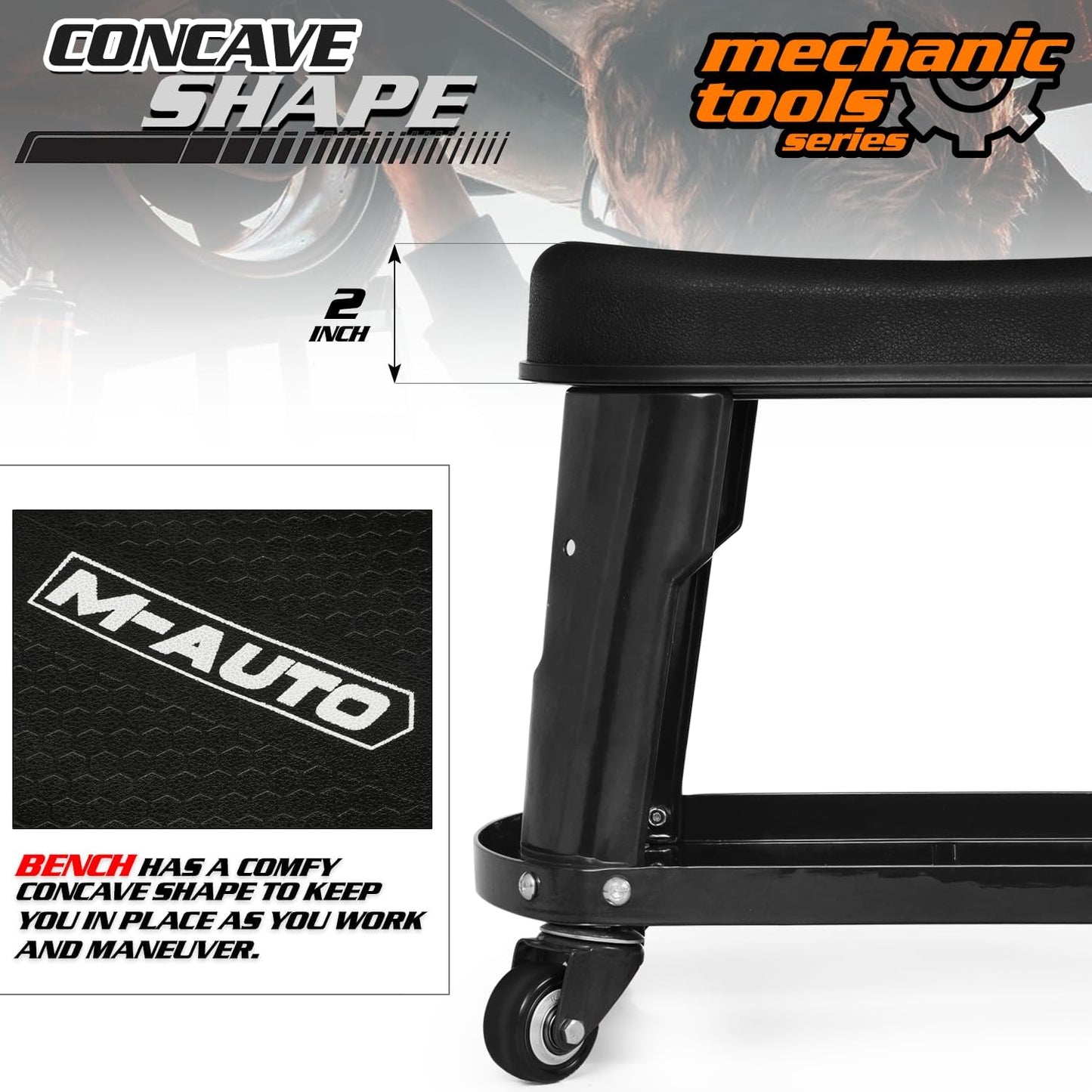 M-AUTO Heavy Duty Garage Rolling Work Seat 300LBS Capacity Mechanics Stool with Wheels, Rolling Work Seat with Equipment Tray and Tool Rack, Rectangle Seat Mechanic Roll Chair, Black