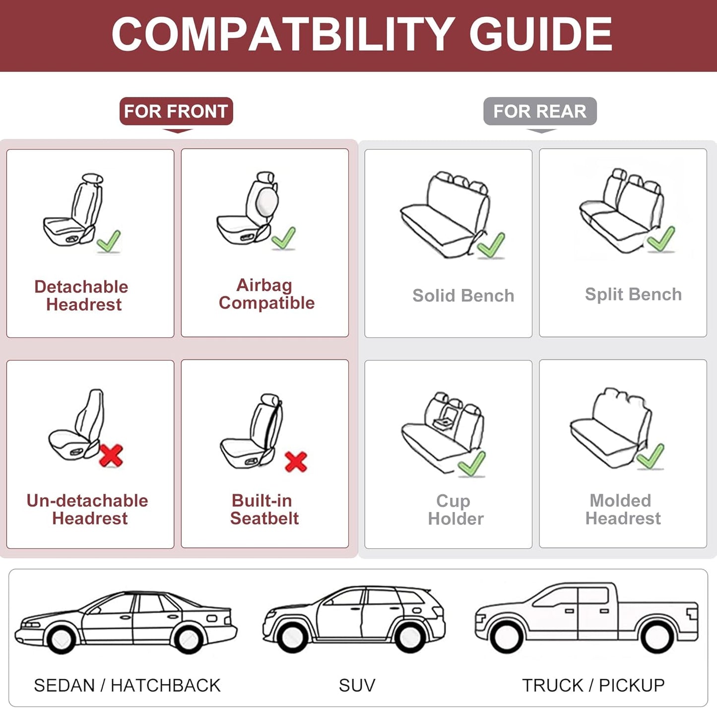 Front Seat Covers, 2 Pieces Universal Seat Covers for Cars, Waterproof Leather Auto Seat Protectors with Head Pillow, Car Seat Cushions Fit for Most Sedans SUV Pick-up Truck, Wine Red