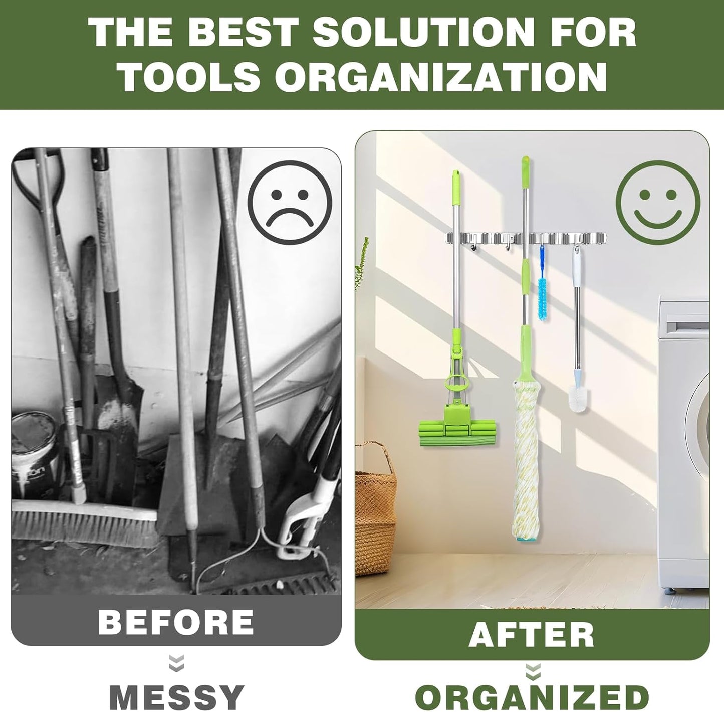 Broom Holder Wall Mount, Broom Organizer Wall Mount Stainless Steel Broom and Mop Hanger Heavy Duty Storage Organization for Home Kitchen Garden Garage Room 5 Racks 4 Hooks (2PACK)(Grey Racks)