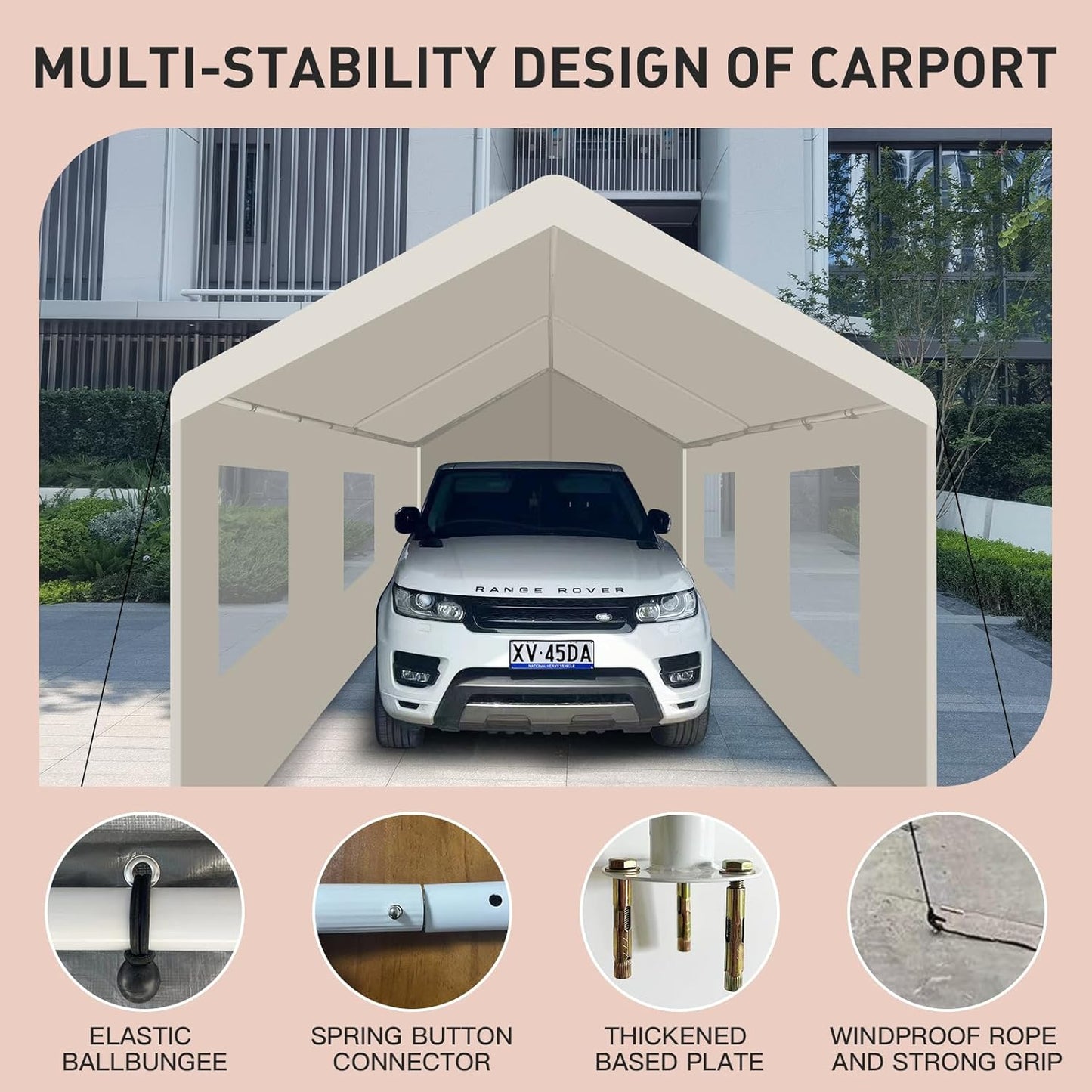 Car Canopy Portable Garage Duty Carport with Roll-up Windows,Portable Garage with Removable Sidewalls & Doors, Car Canopy with All-Season Tarp for Car Boat Truck Motorcycle 10FT×20FT (White)