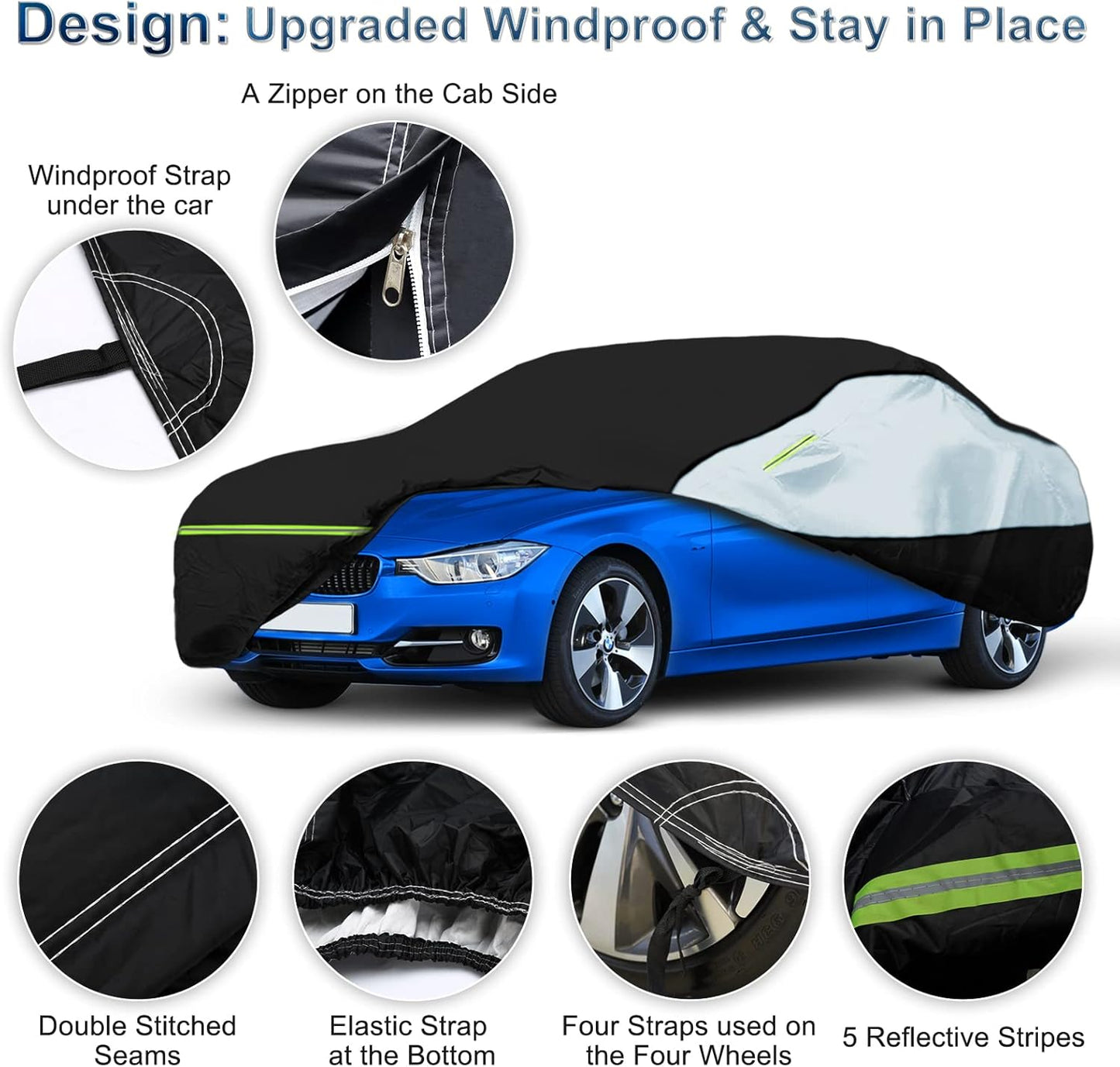 Universal Sedan Car Cover Fit for Mercedes-Benz C-Class, BMW 3 Series, Audi A3,Waterproof All Weather Heavy Duty Anti-UV Windproof Snow Protection - 177''~185''(L)