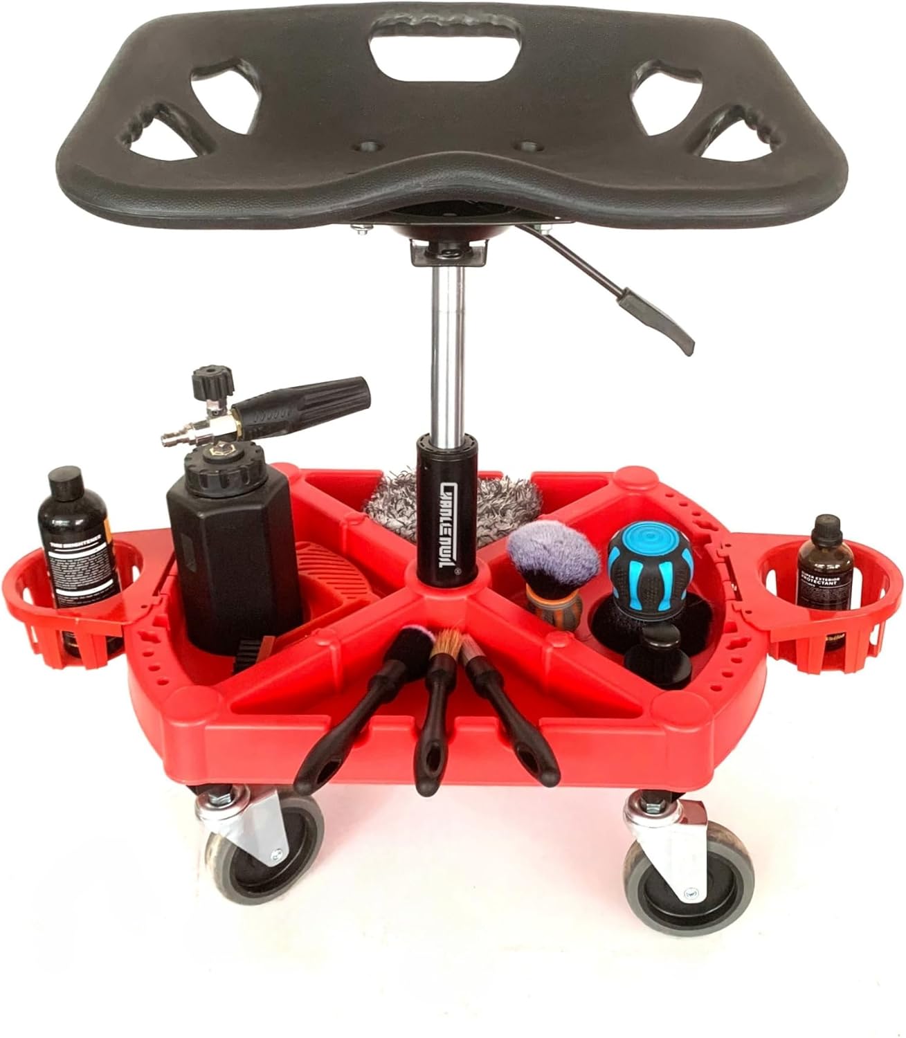 Car Detailing Stool Chair, Seat Height Adjustable Rolling Creeper, with Wheels, Garage Organizer and Tool Organizer Tray for Auto Detailing