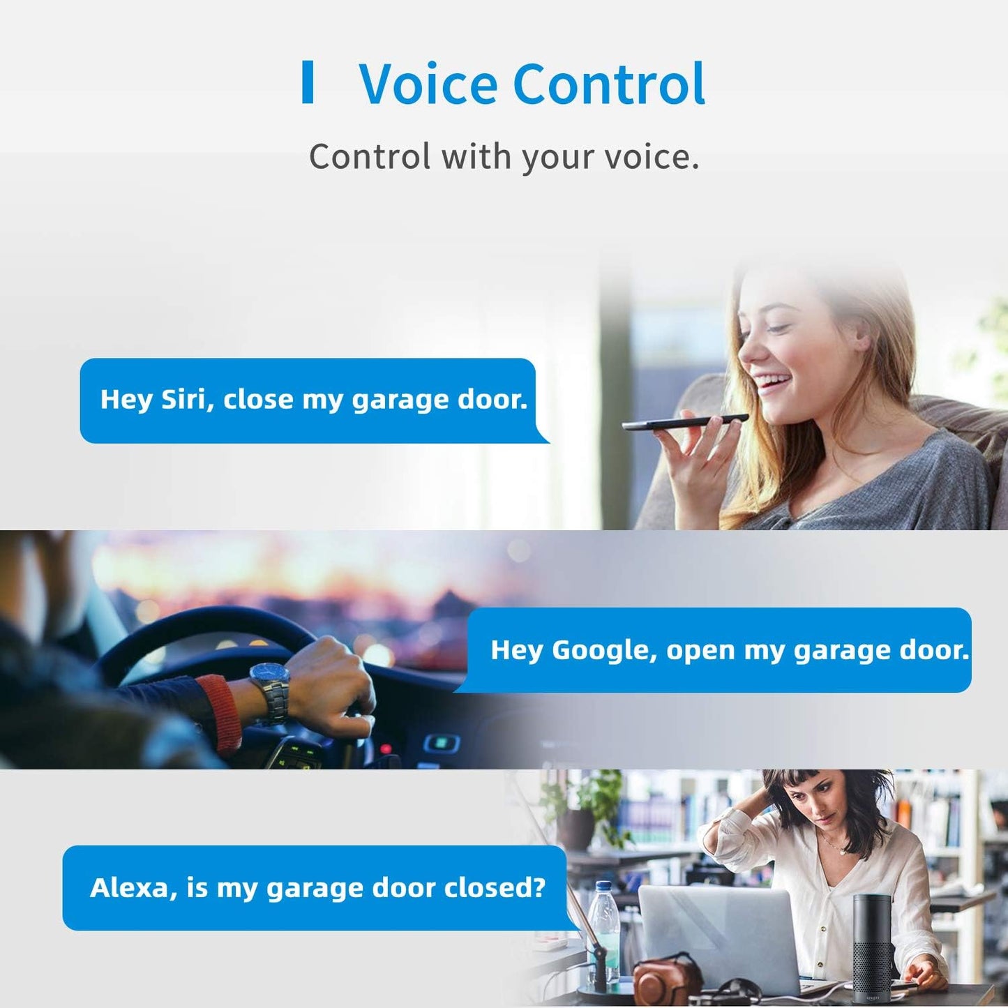 Smart Garage Door Opener Remote, Compatible with Apple HomeKit, Amazon Alexa, Google Assistant, SmartThings, Multiple Notification Modes, No Hub Needed