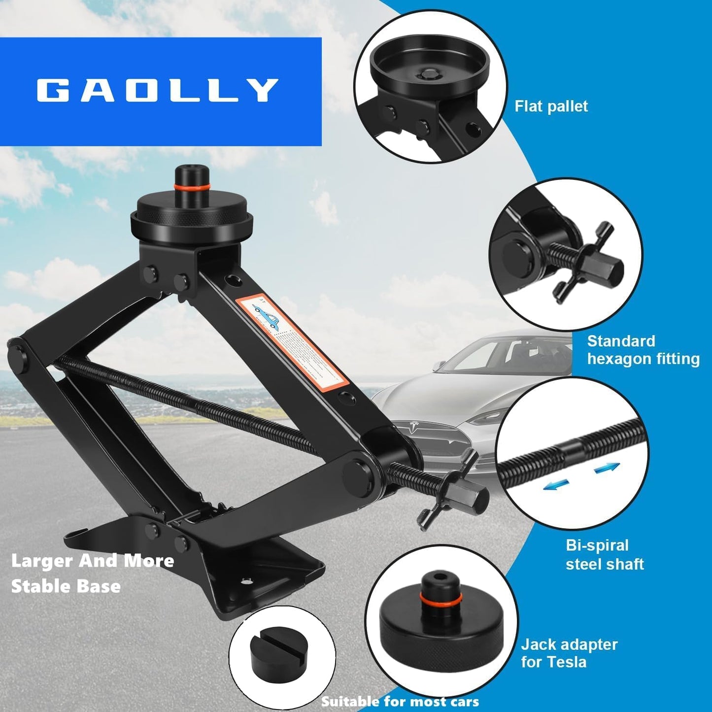 Car Jack - 3 Ton (6,600 lbs) Scissor Jack for Tesla Model Y, 3, X, S, Universal Emergency Kit with Pucks/Pads, Lug Wrench, Tire Changing Kit for Car, Sedan, SUV, MPV