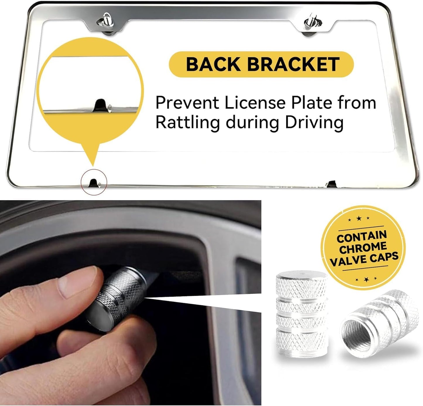 Mirror Polished Heavy Duty Stainless Steel License Plate Frame with Chrome Screw Caps, 2 Holes Rust-Proof Chrome-Like Finish Stainless Steel License Plate Frames 2 Pack