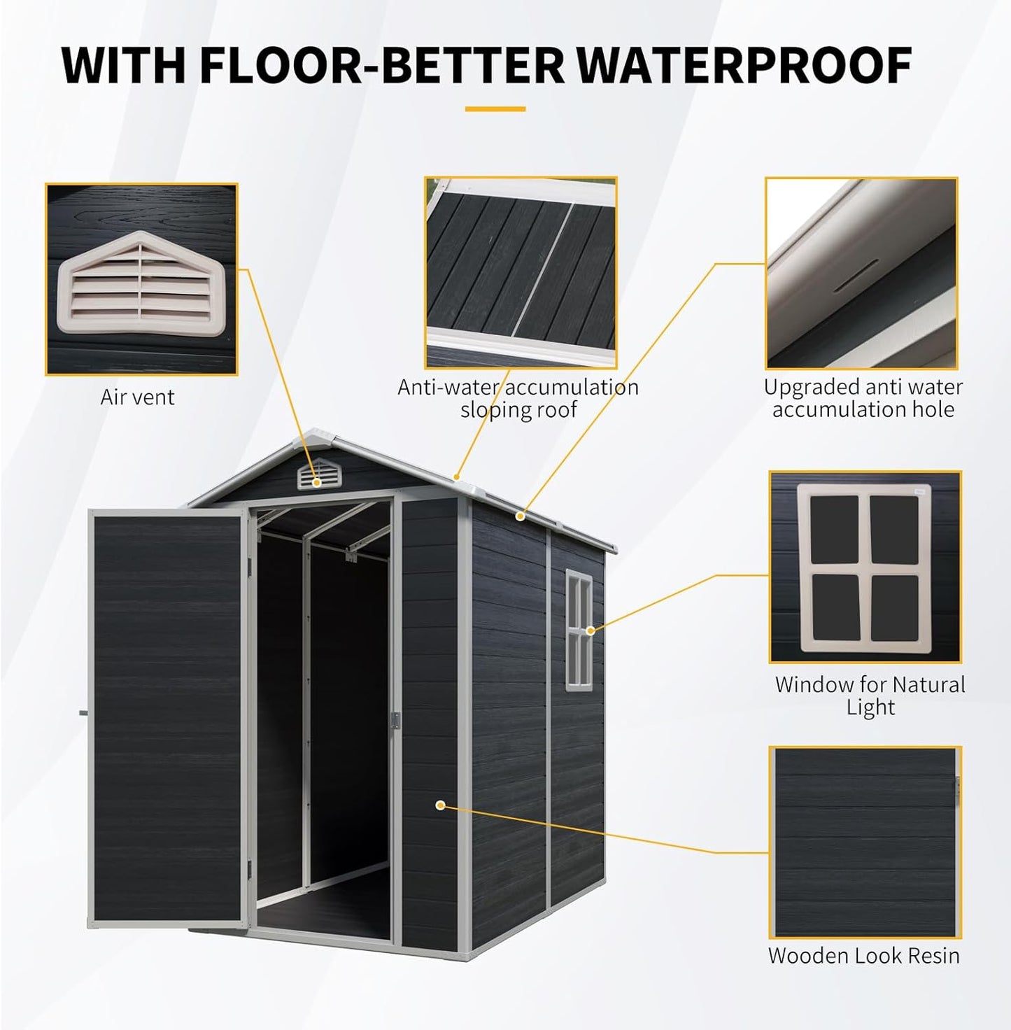 4x6 FT Outdoor Storage Resin Shed with Floor,Waterproof Plastic Garden Bike Shed with Lockable Door, Sloped Roof, Vents & Windows, Easy Assembly Tool Shed for Lawn, Backyard, Patio, Black