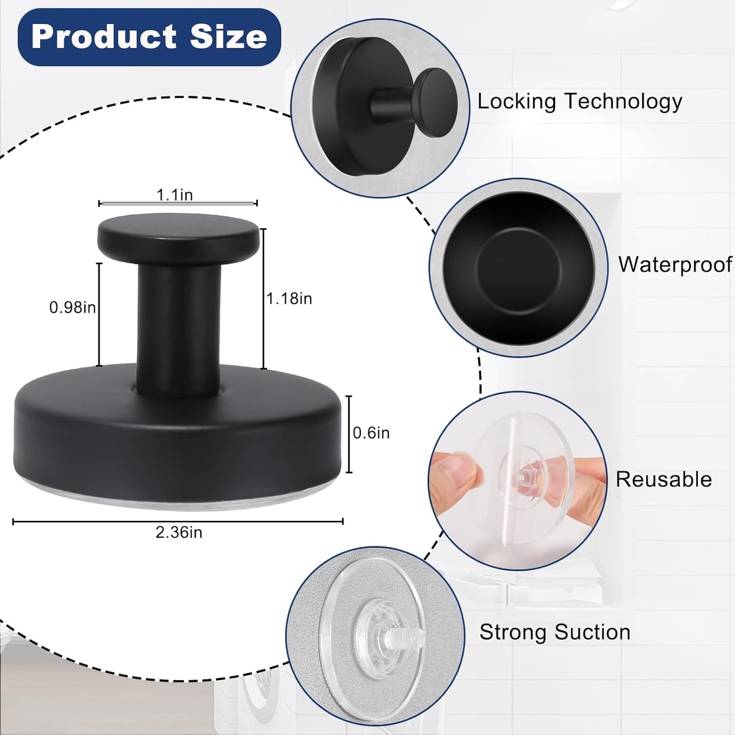 4 PCS Suction Cup Hooks for Shower, Hooks for Inside Shower, Removable Towel Hooks for Bathroom Wall, Kitchen, Glass, Tile, Mirror, Bath Robe Looafh Hook for Hanging (Black)