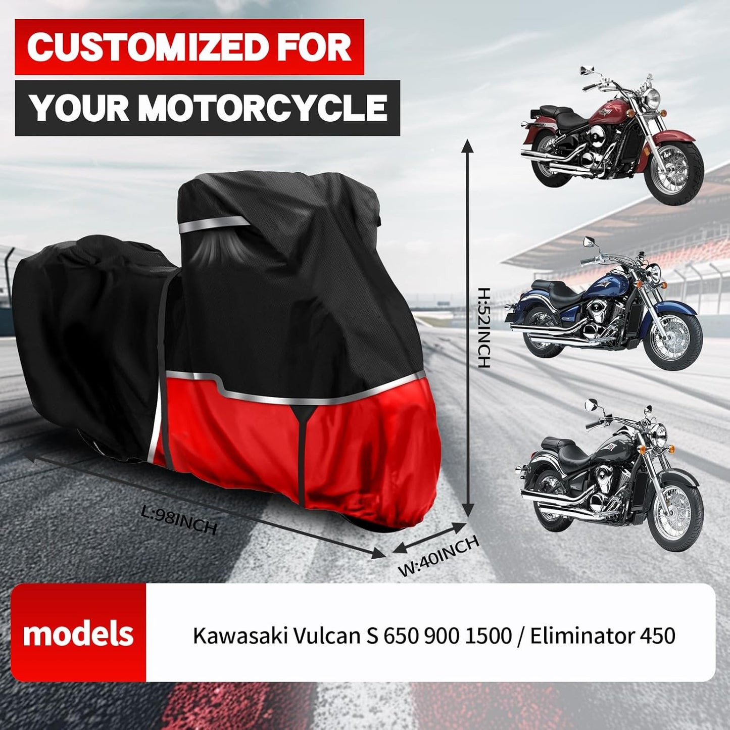 420D Motorcycle Cover Suitable for Kawasaki Vulcan 650 900 1500 and Eliminator 450 Cruiser Without Trunk Models Waterproof Motorcycle Cover Suitable for Snow Rain Dust Protection Easy to Clean