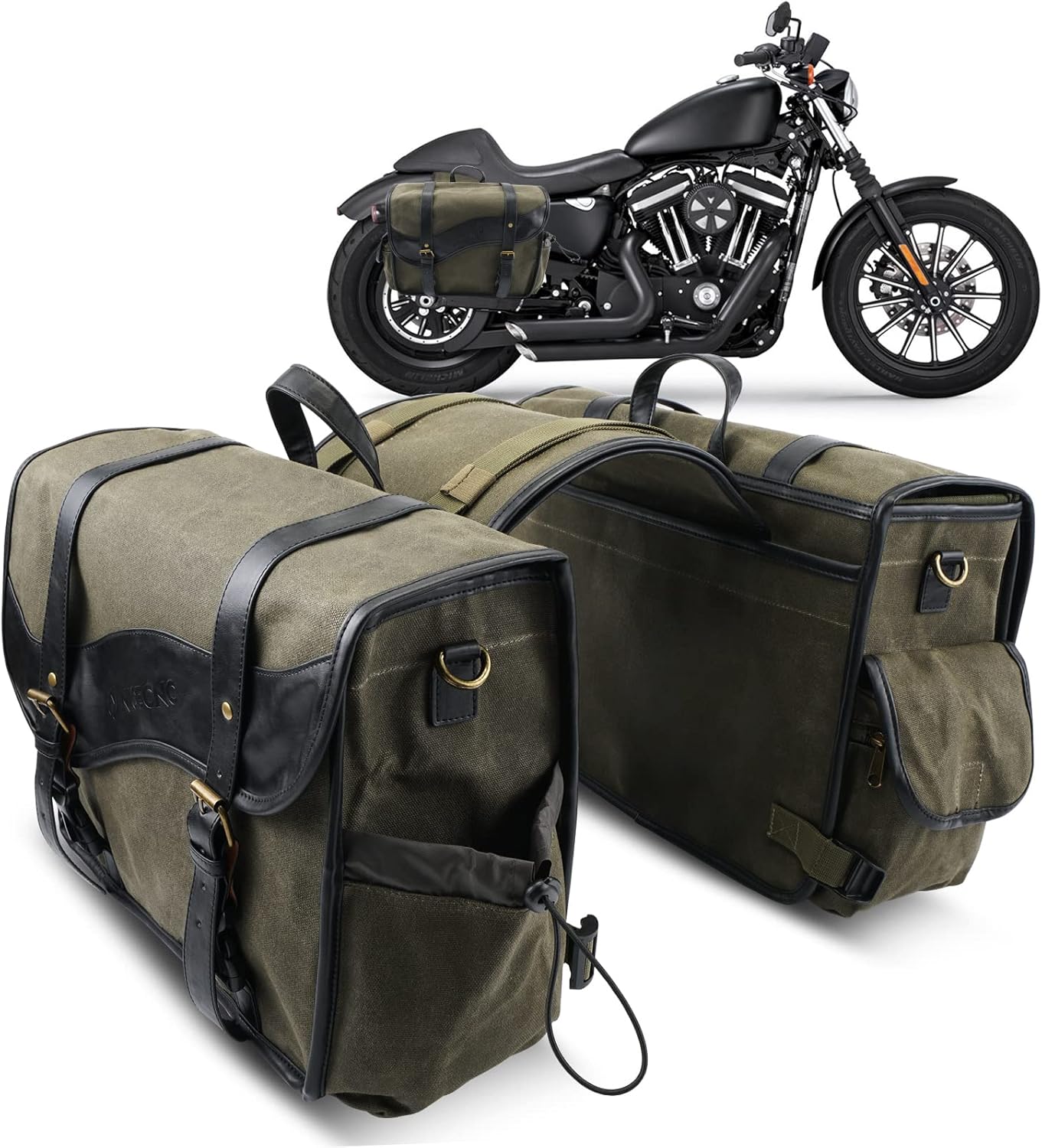 NICECNC Motorcycle Saddlebags Vintage Oil Waxed Canvas Leather, 30L Throw Over Saddle Bags Side Luggage Bags for Men Women Camping, Compatible with Harley, Honda, Suzuki, Yamaha, Adventure, Green