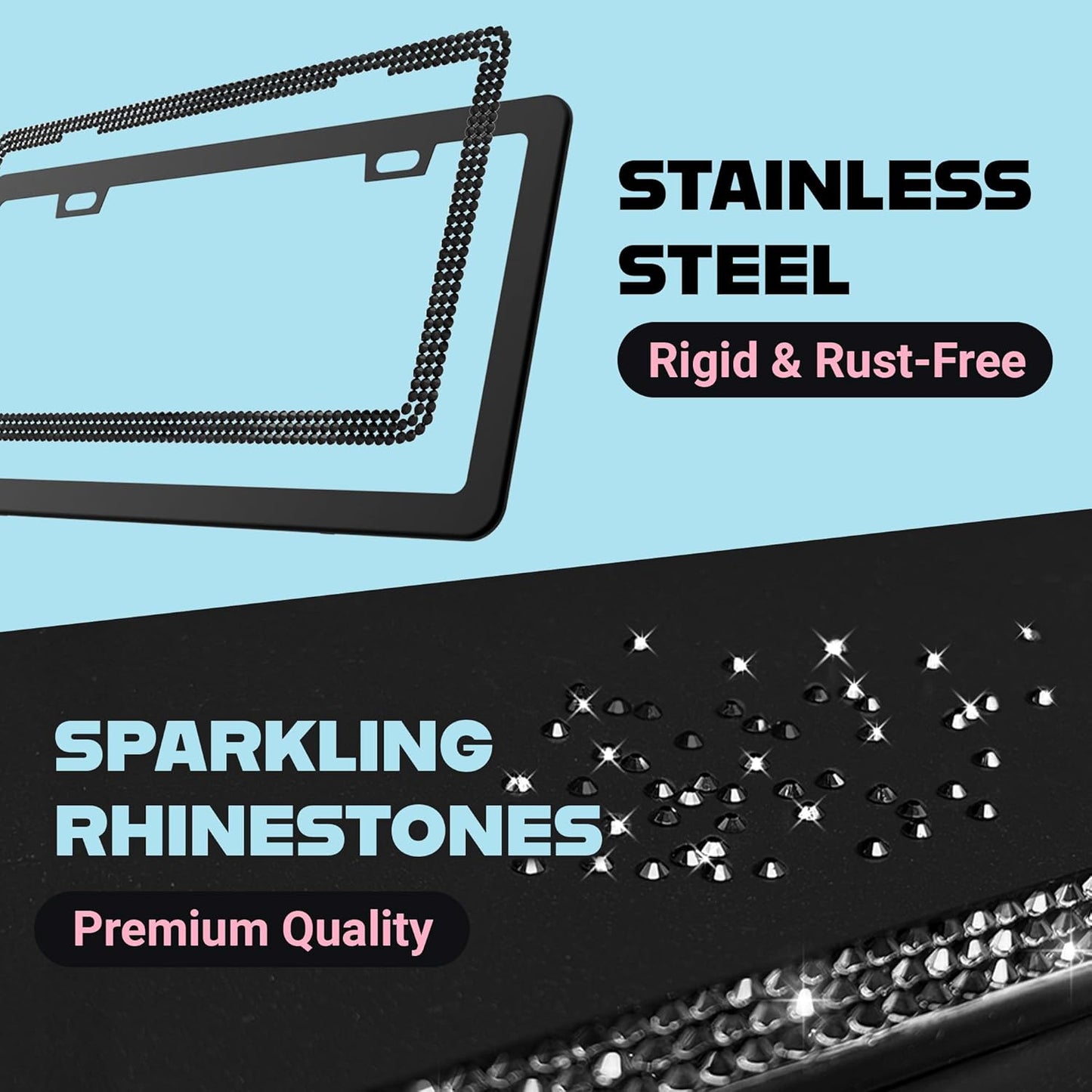 Elegant Bling License Plate Frames for Women - 2 Pack, 1600 Premium Black Rhinestones, Rust-Free Stainless Steel, Street Legal Slim Design, Sparkly Diamond Car Tag Holders with Glitter Crystal Covers