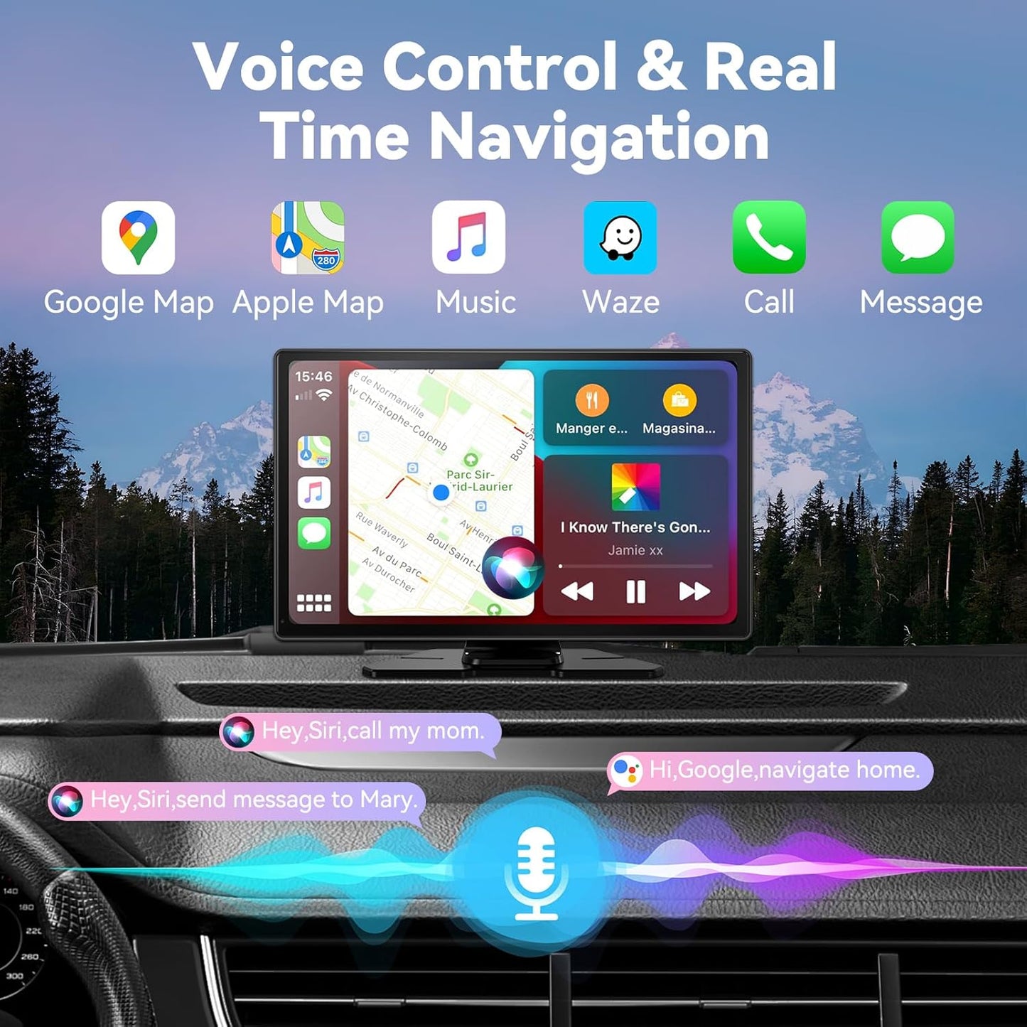 Wireless Carplay Screen for Car, 9" Android Auto Screen with 4K Dashcam, A-pple Carplay Screen for Car with 1080p Backup Camera, Mirror Link, TF Card, GPS Navigation, Bluetooth, AUX, FM, Voice Control