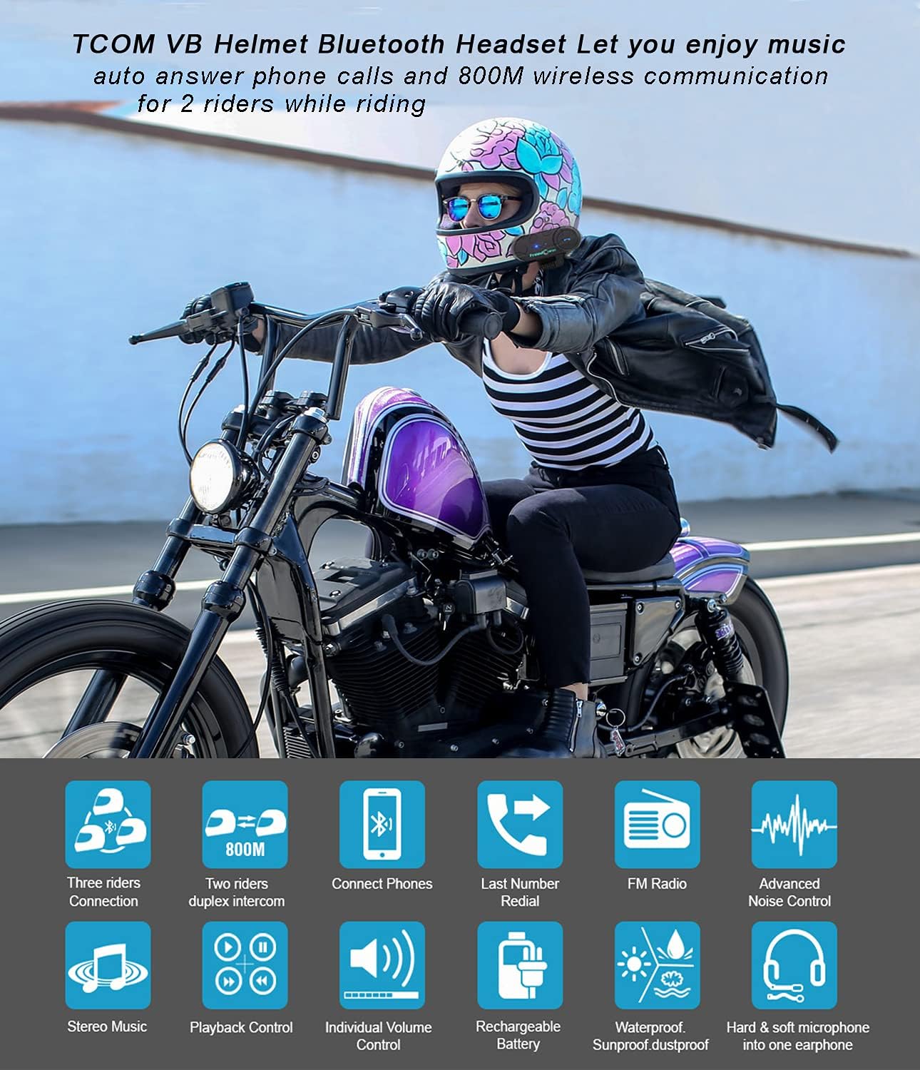 FreedConn Motorcycle Bluetooth Headset, TCOM VB 2-Way 800M Helmet Communication Systems,Motorbike Bluetooth Intercom, intercomunicador para motos/FM/BT5.0/Siri/2 in 1 Mic for full/3/4 Helmet(2Pack)
