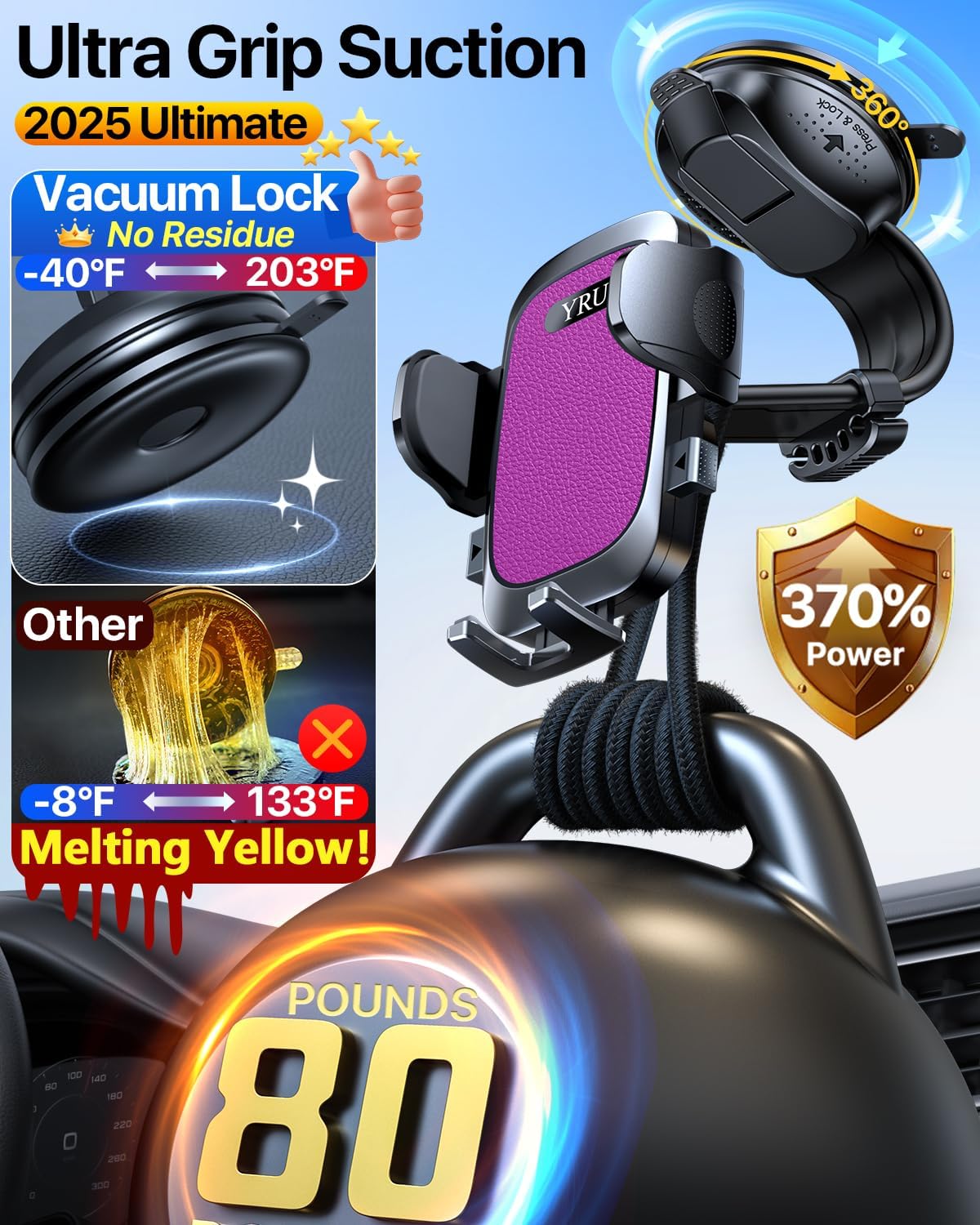 YRU [2025 Ultimate Car Phone Holder Mount [Bendable & Adjustable Aluminum Arm] Cell Phone Holder for Car Dashboard Windshield Phone Stand for iPhone 16 15 14 13 Pro Max Samsung Pickup Truck, Rose Red