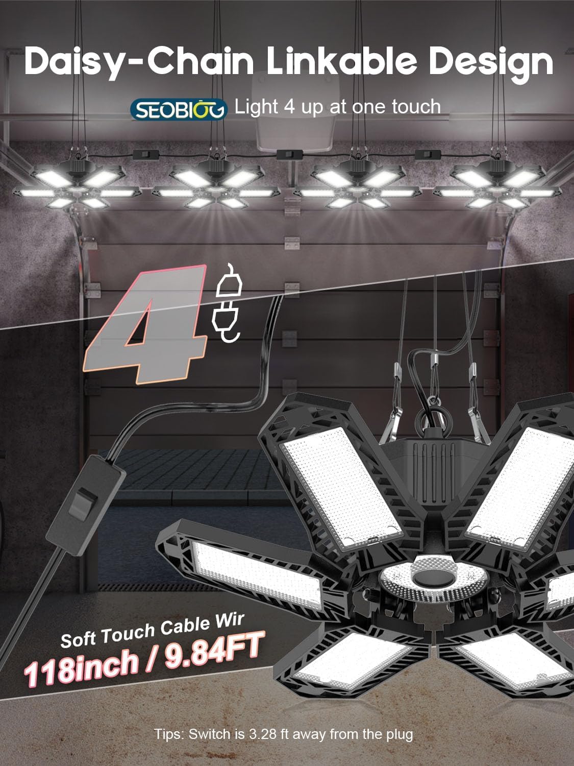 SEOBIOG 2 Pack Plug in Garage Light, Upgraded 200W 20000LM Linkable LED Shop Light, 6500K Ceiling Lights w/ 6 Deformable Panels for Garage, Warehouse, Barn, Basement (Built-in ON/Off Switch)