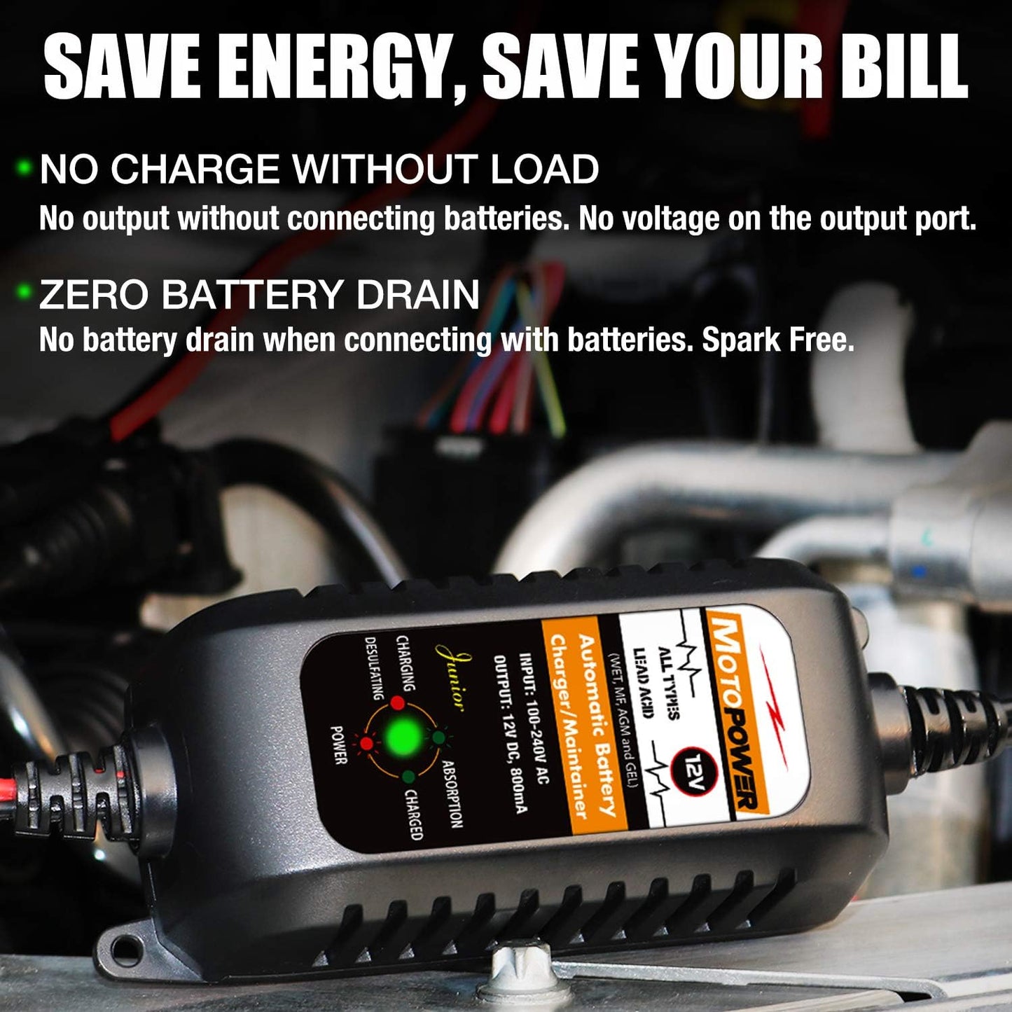 MOTOPOWER MP00205A 12V 800mA Automatic Battery Charger, Battery Maintainer, Trickle Charger, and Battery Desulfator, 2 Pack