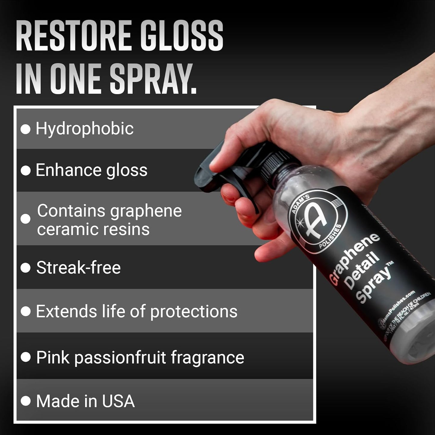 Adam's Polishes Graphene Detail Spray - Extend Protection of Waxes, Sealants, & Coatings | Quick, Waterless Detailer Spray For Car Detailing | Clay Bar, Drying Aid, Add Ceramic Graphene Protection