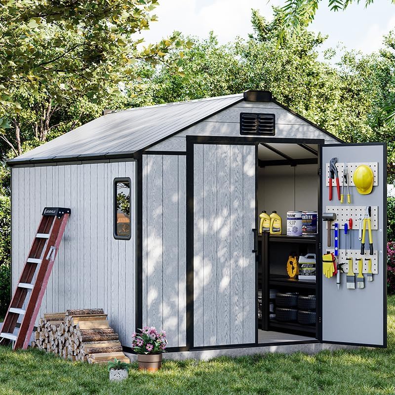 8 x 10 FT Plastic Tool Shed, All-Weather Outdoor Garden Tool Shed with Floor, Lockable Doors & Windows, Resin Storage Shed for Patio, Poolside, Backyard