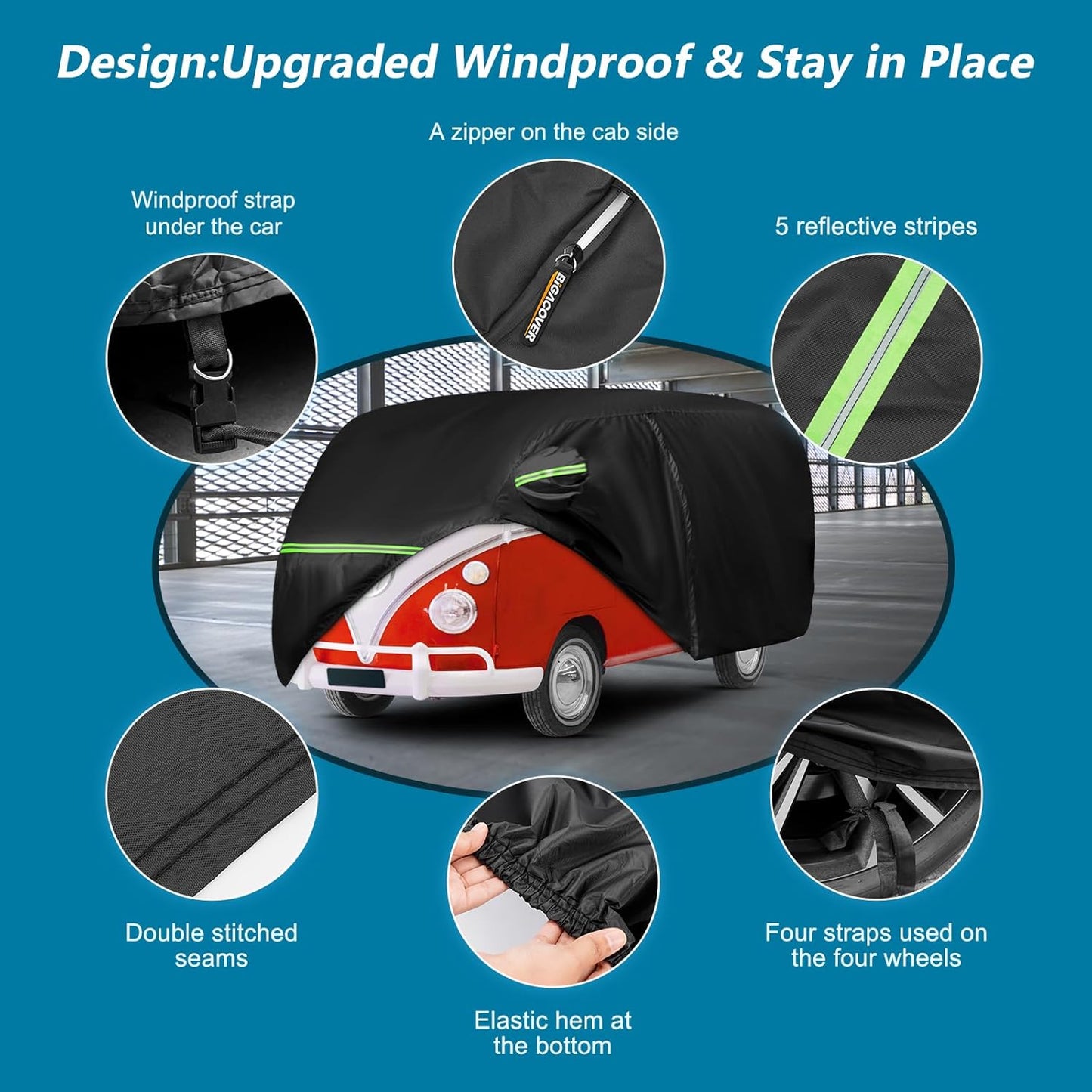 Car Cover for 1950-1992 VW Bus T1 T2 T3, Waterproof 420D Oxford Cloth Cover Outdoor Full Car Covers with Zipper Windproof Heavy Duty All Weather with Wind, Sun, UV and Dust Protectio