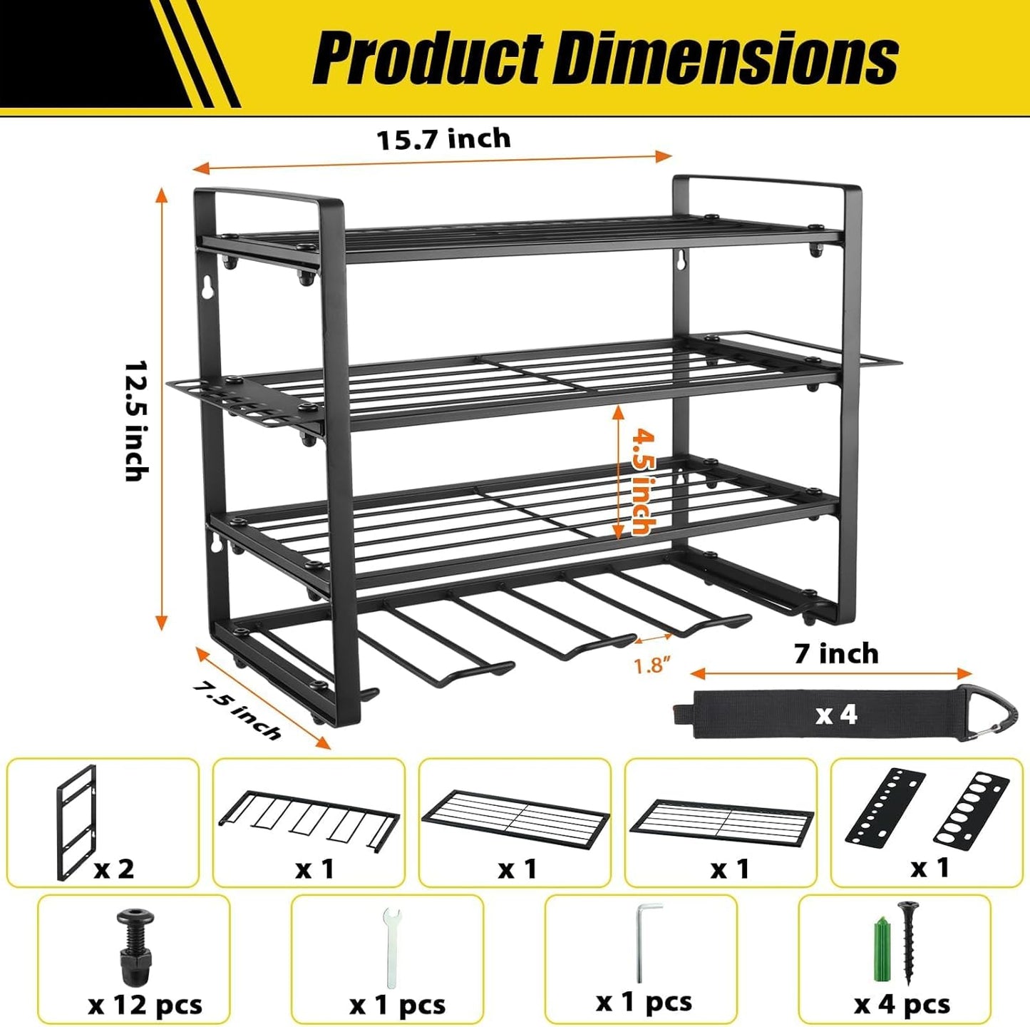 4 Layers Power Tool Organizer Wall Mount, Garage Wall Shelving, 4 Drill Holder Wall Mount, Cordless Tool Organizer, Garage Storage Rack with 4 Extension Cord Holder