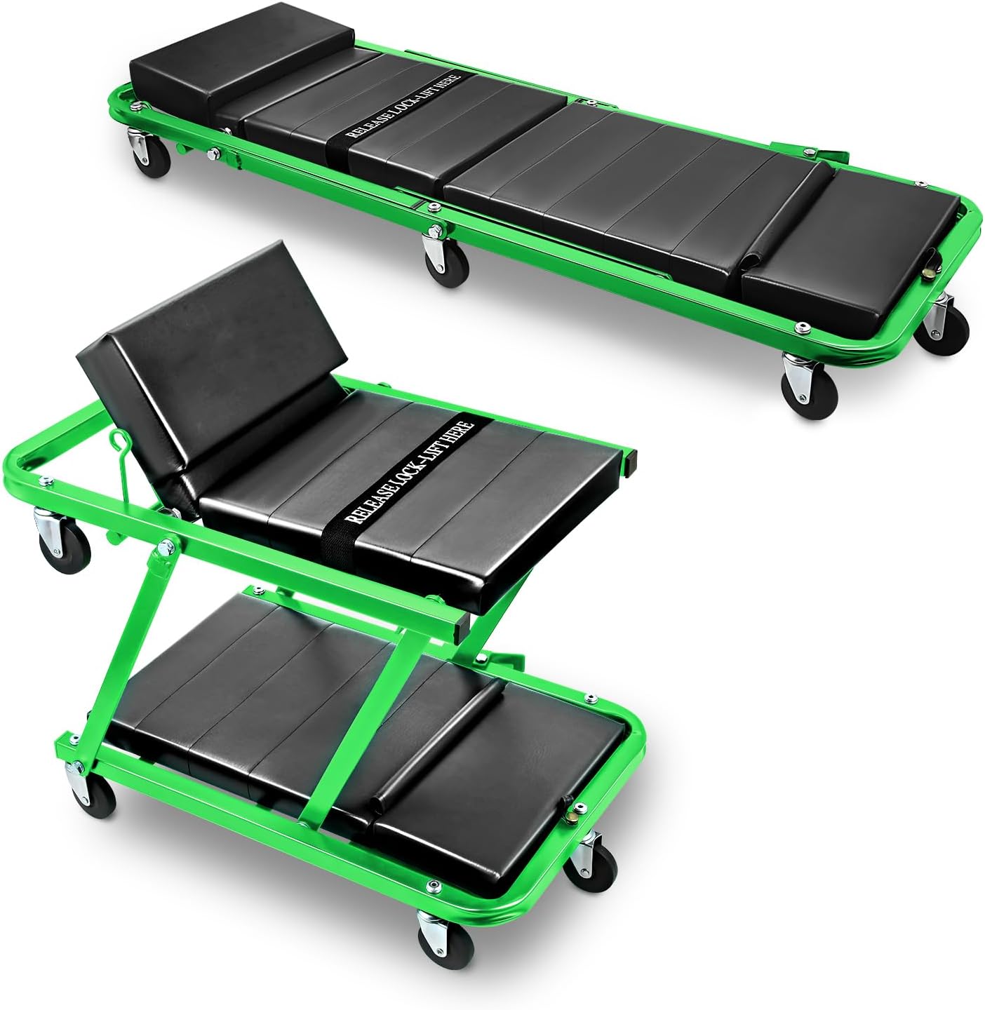 DNA MOTORING 48" 2 IN 1 Folding Rolling Garage Shop Creeper Roller Seat, 7 Pcs 2" Casters, 350 Lbs Weight Capacity, Green, TOOLS-00193-GR