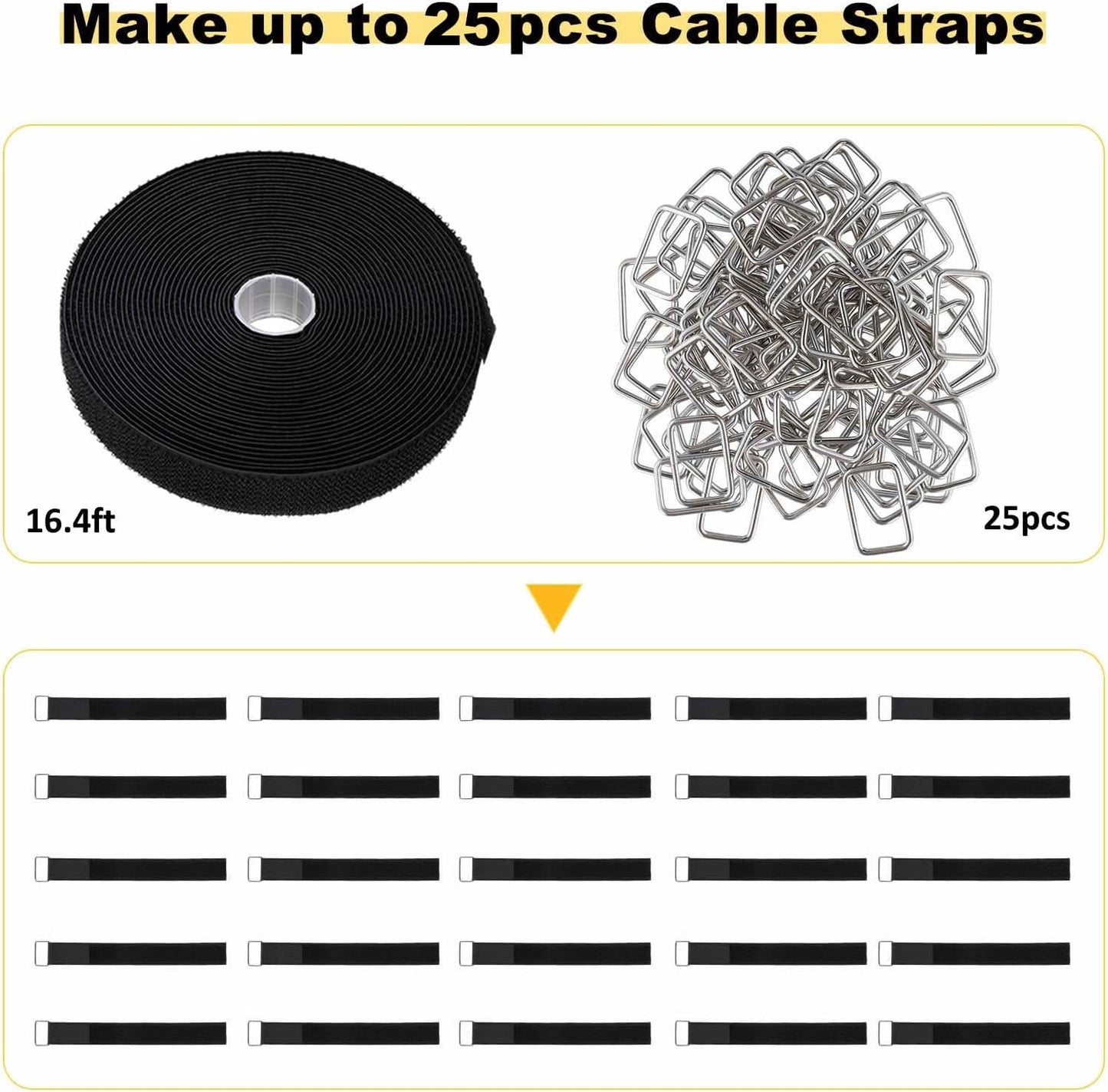 1"x16ft Hook and Loop Straps with 25 Metal Buckles, Adjustable Fastening Cable Straps, Cut-to-Length Cinch Strap, Reusable Nylon Securing Cord Ties for Organizer or Storage, 1 inch Wide, Black