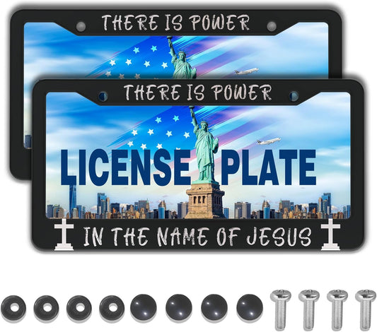 License Plate Frames Black and White License Plate Holder There is Power in The Name of Jesus Universal Aluminum Car Accessory 2 Pack with Screw Covers Set
