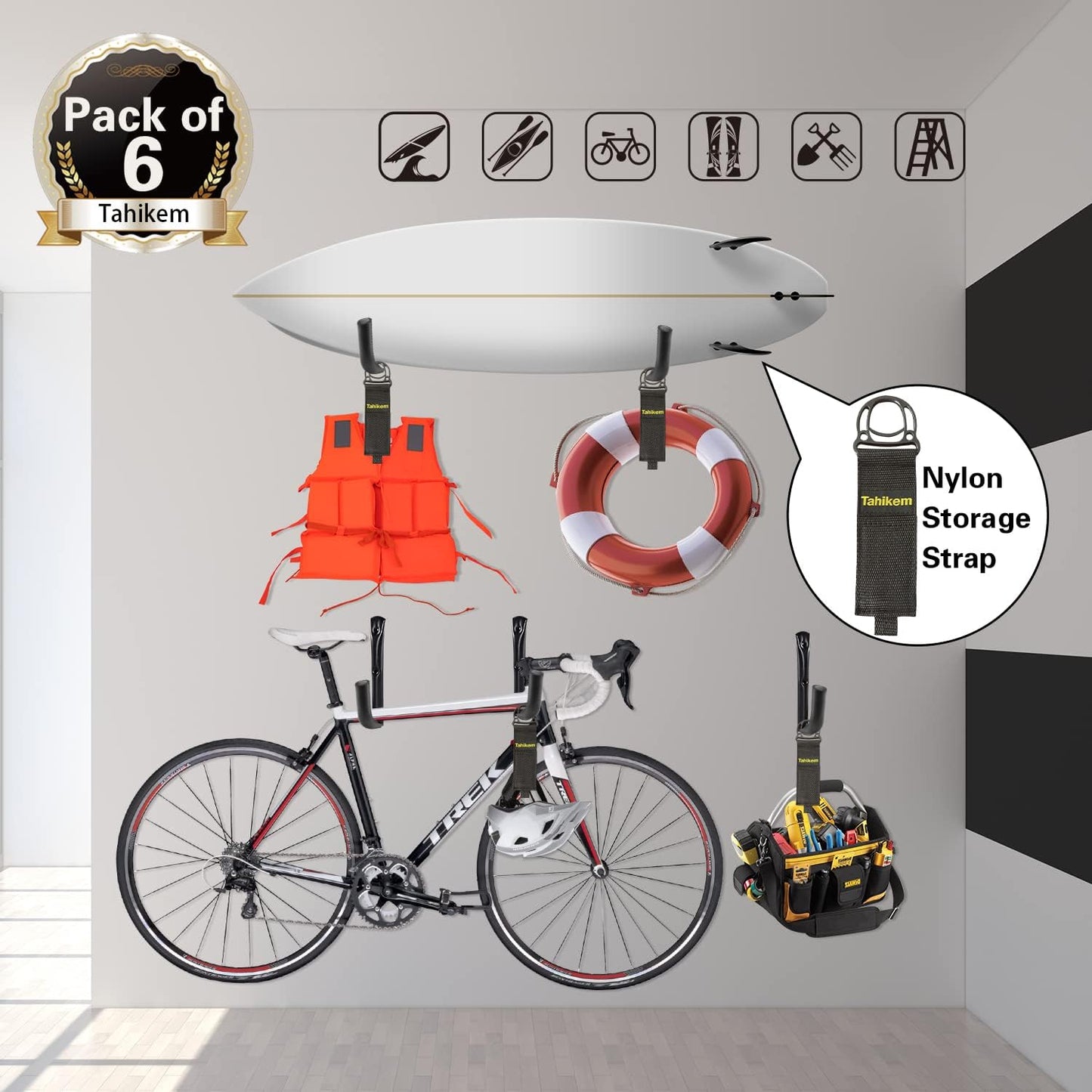 6 Set Garage Wall Mounts, 9 Large Wall J Hooks, Black - Heavy Duty Extension Cord Hangers for Ladders, Mowers, Cables