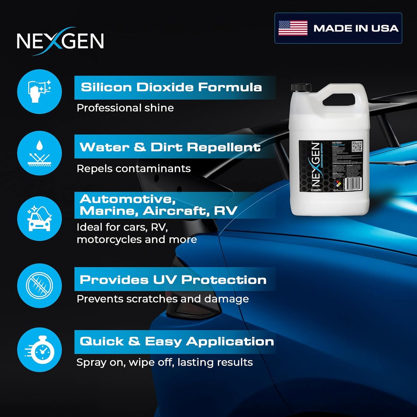 Nexgen Ceramic Spray Silicon Dioxide — Easy to Apply, Ceramic Coating Spray for Cars — Professional-Grade Protective Sealant Polish for Cars, RVs, Motorcycles, Boats, and ATVs — 1 Gallon Jug