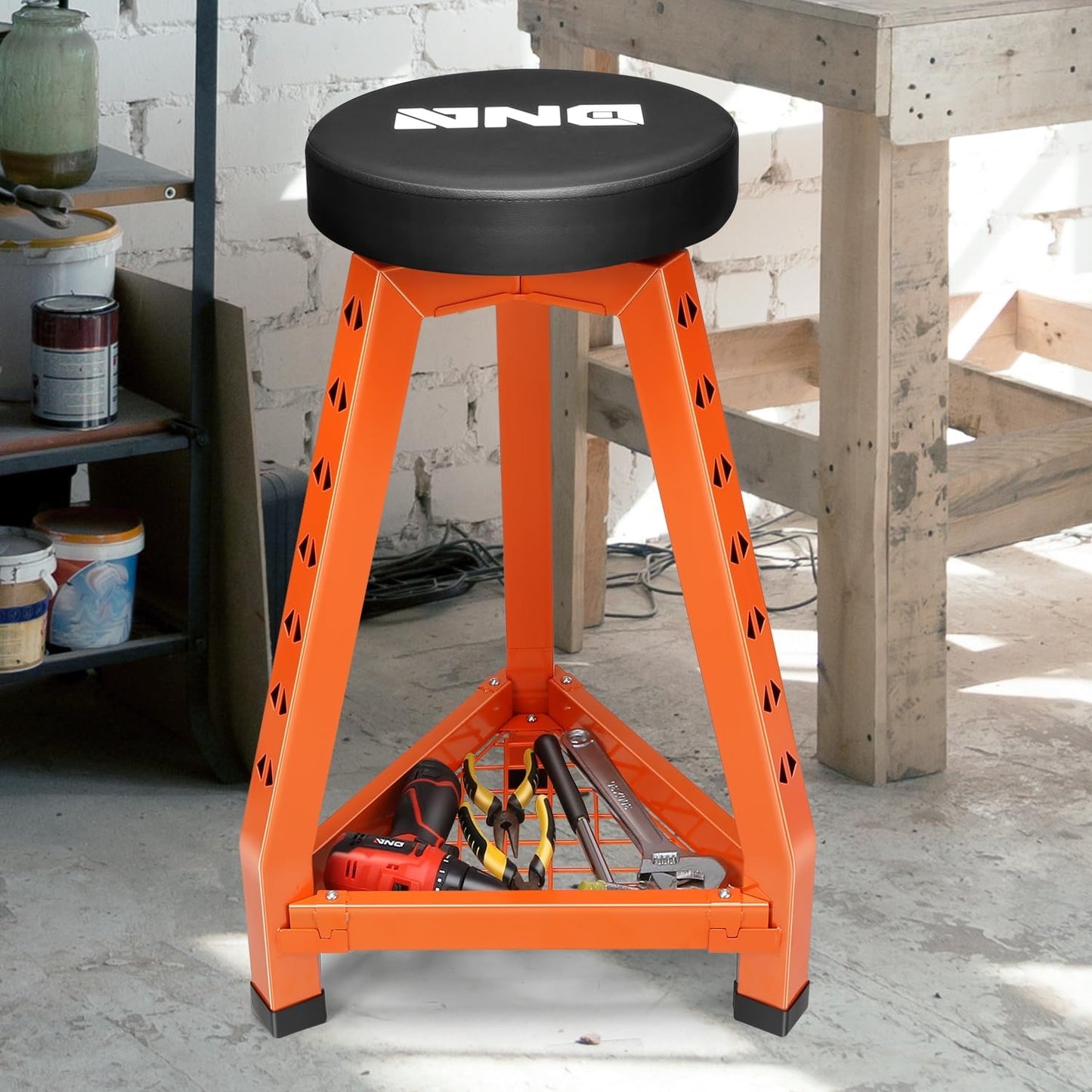 DNA MOTORING Heavy-Duty Padded Seat, Mechanics Shop Garage Stool, 300lbs Capacity Metal Stool Chair for Workshop, W/Tool Storage Tray, 360° Swivel Padded Seat, TOOLS-00639-BK-RD
