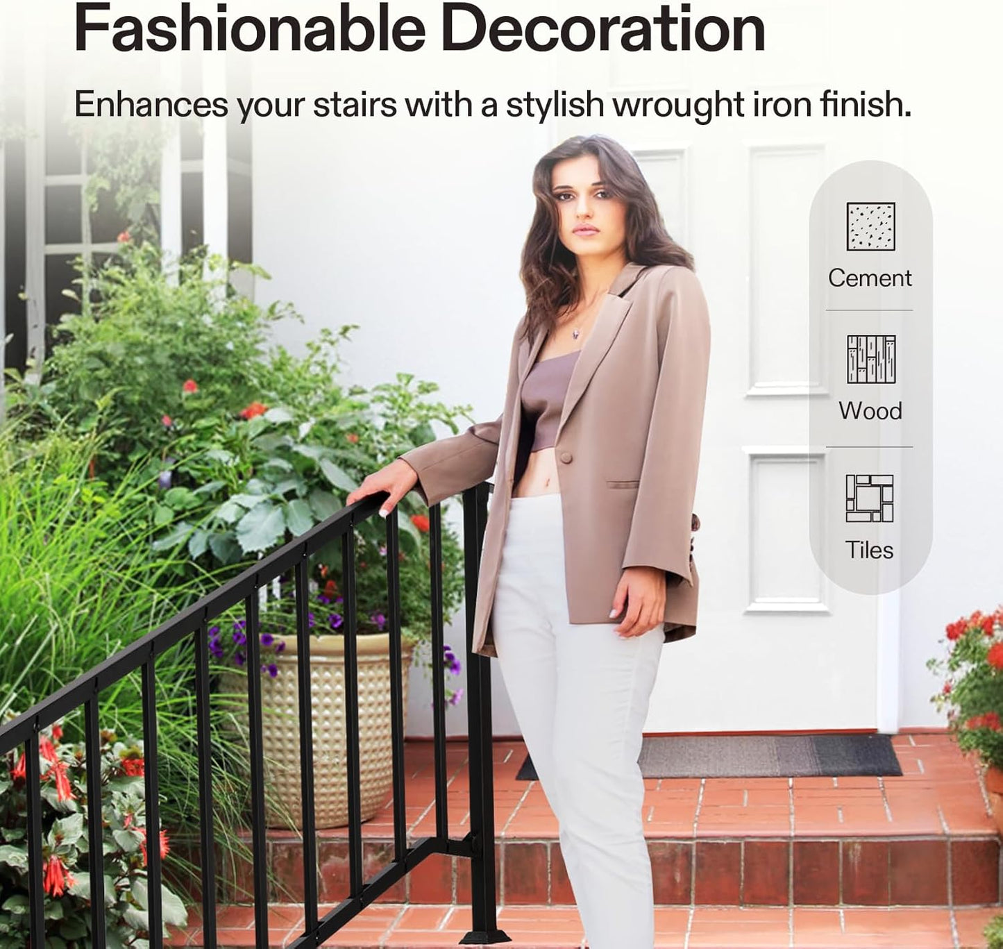 VIVOSUN Outdoor Handrail, 5 Step Stair Handrail, 69" x 36" Fits 1 to 5 Steps, Wrought Mattle Iron Stair Railing with Curved End and Balusters for Concrete Step, Porch Steps, One-Step Assembly, Black