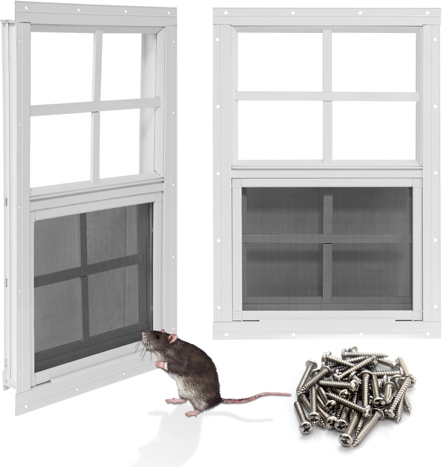 NeatiEase Upgraded Shed Windows 2 Pack, 18" x 27" Windows with Tempered Glass and Stainless Steel Screen for Shed, Chicken Coop, Playhouse, Household, Garage(White)