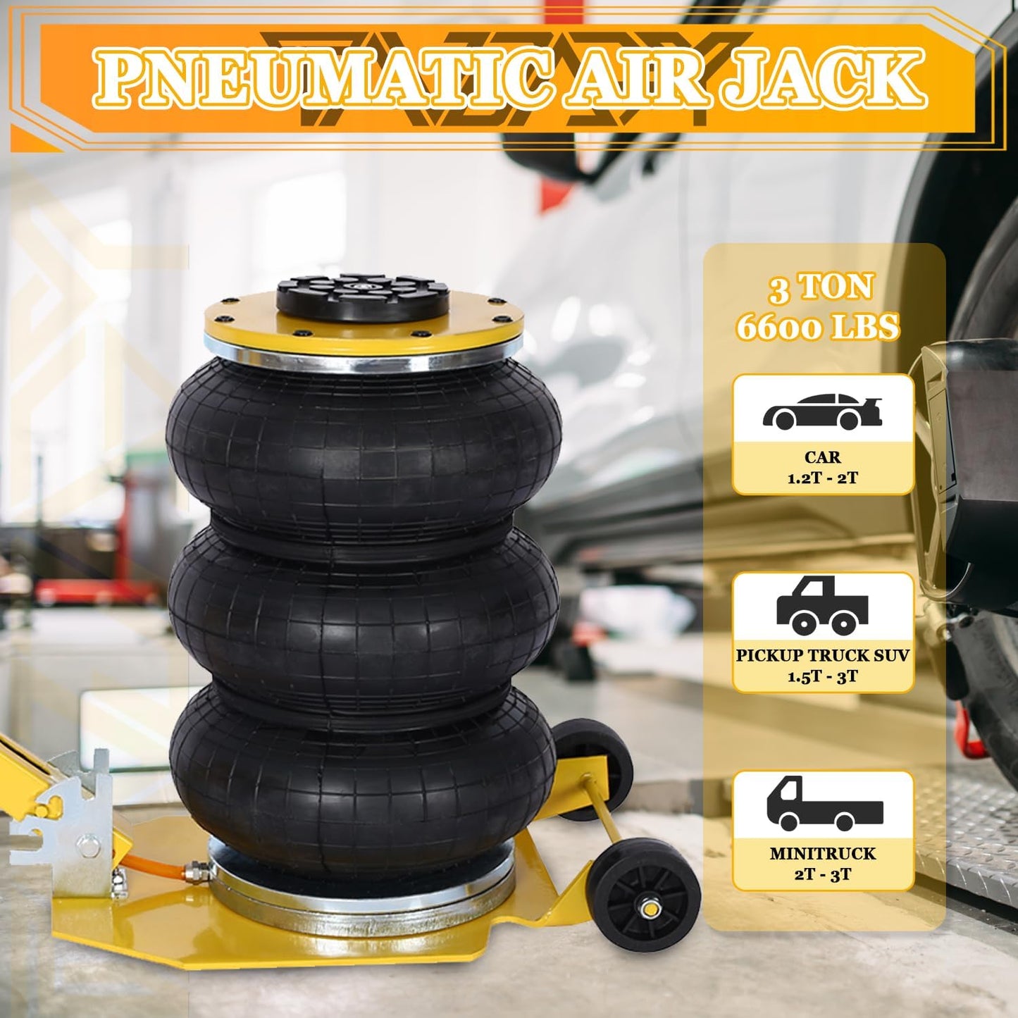 3T Triple Bag Air Jack 6600lbs Pneumatic Jack 3s Fast Lift Up 16in Airbag Jack with Adjustable Long Handle Heavy Duty Triple Air Bag Jack Lift for Cars Garage (Yellow)