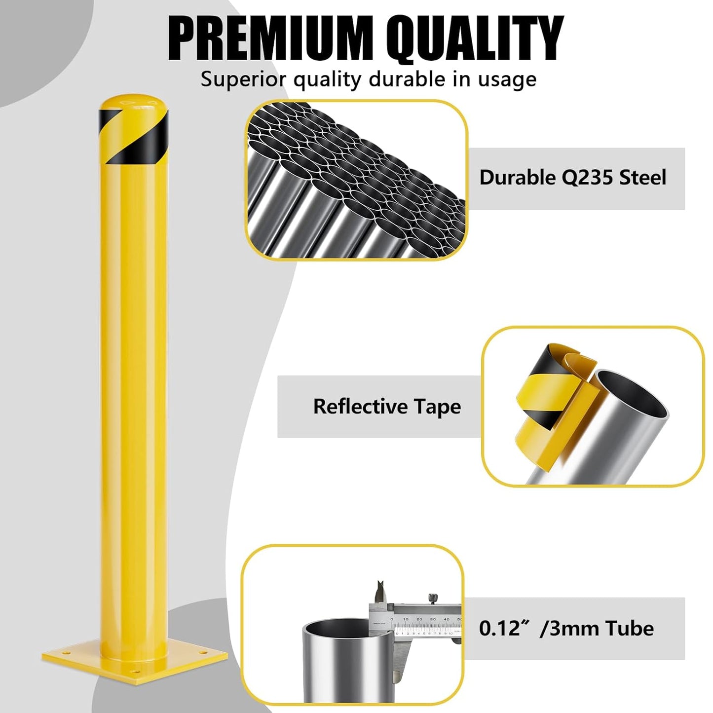 Safety Bollards, Steel Bollard Post, Yellow Powder Coated Safety Parking Barrier Post for High Traffic Areas (42inch 6Pack)