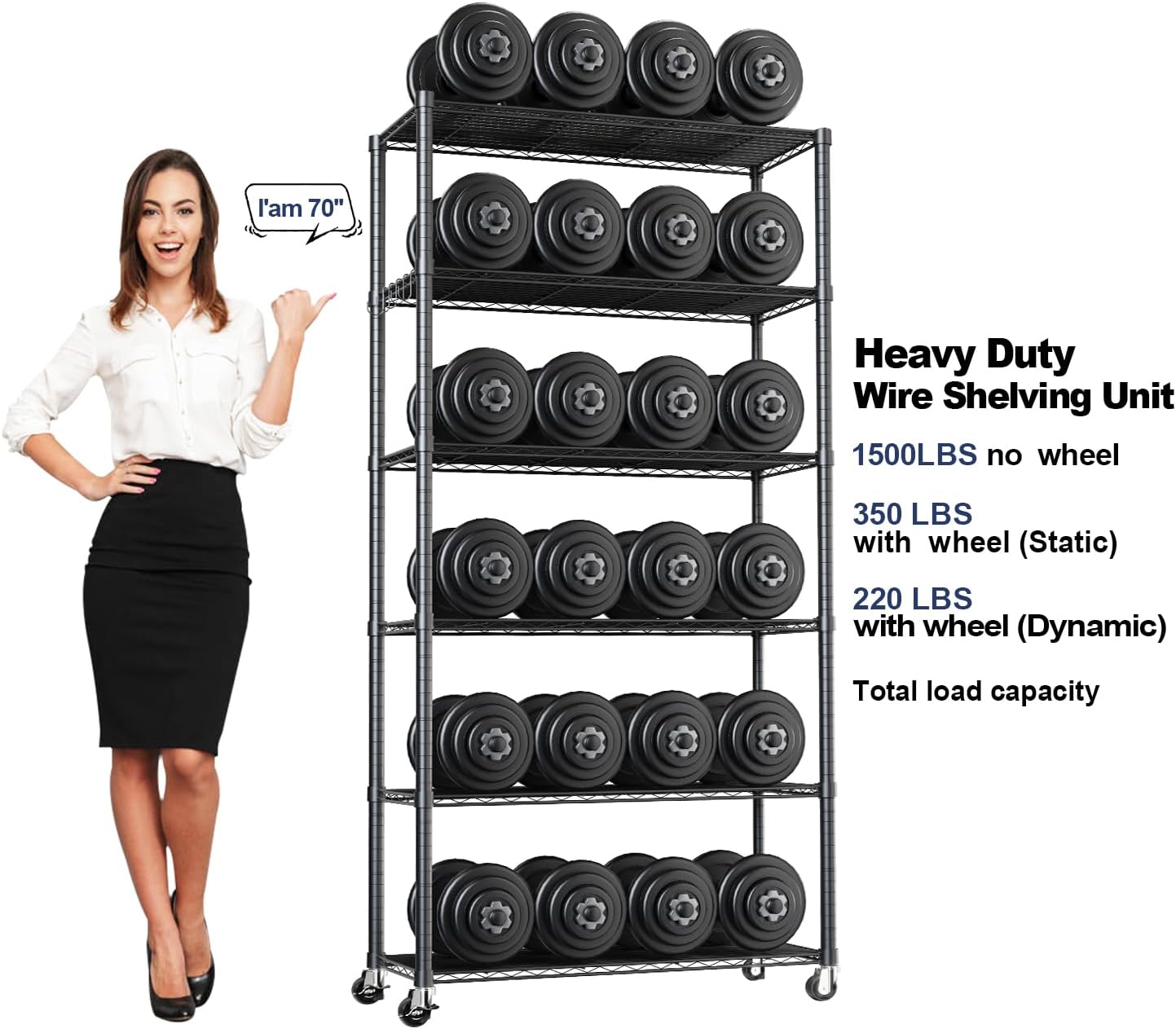 Himix 73''H X 35.5''W X14''D 6 Tier Wire Shelf with Wheels 10 Hooks, Adjustable NSF Wire Shelving Unit Heavy Duty Metal Storage Shelves Free Standing Rack Organization for Pantry,Kitchen,Garage