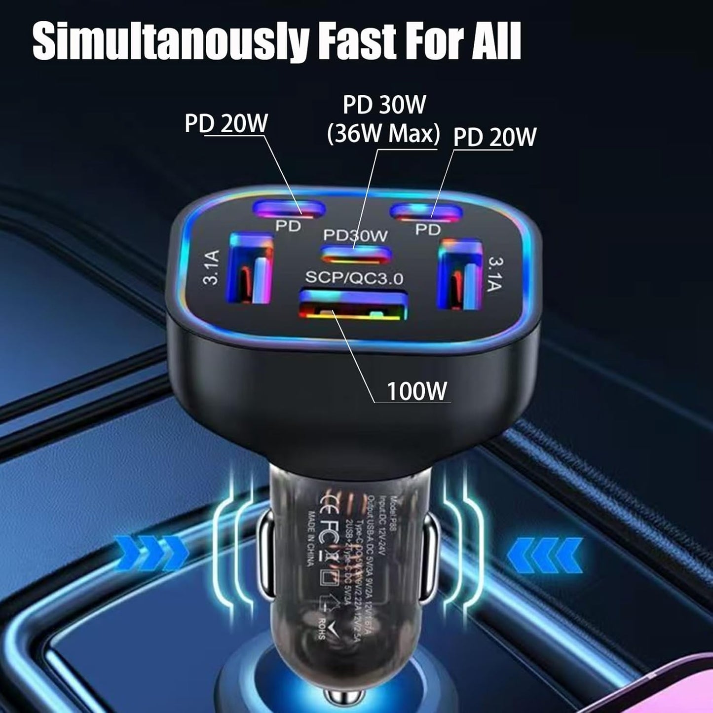 6 in 1 Multi Port USB C Car Charger Adapter PD 30W 6 Ports Super Fast Charging Cigarette Lighter Adapter 2 USB-C for MacBook iPhone 16/15/14/13/12 Galaxy Android Phones