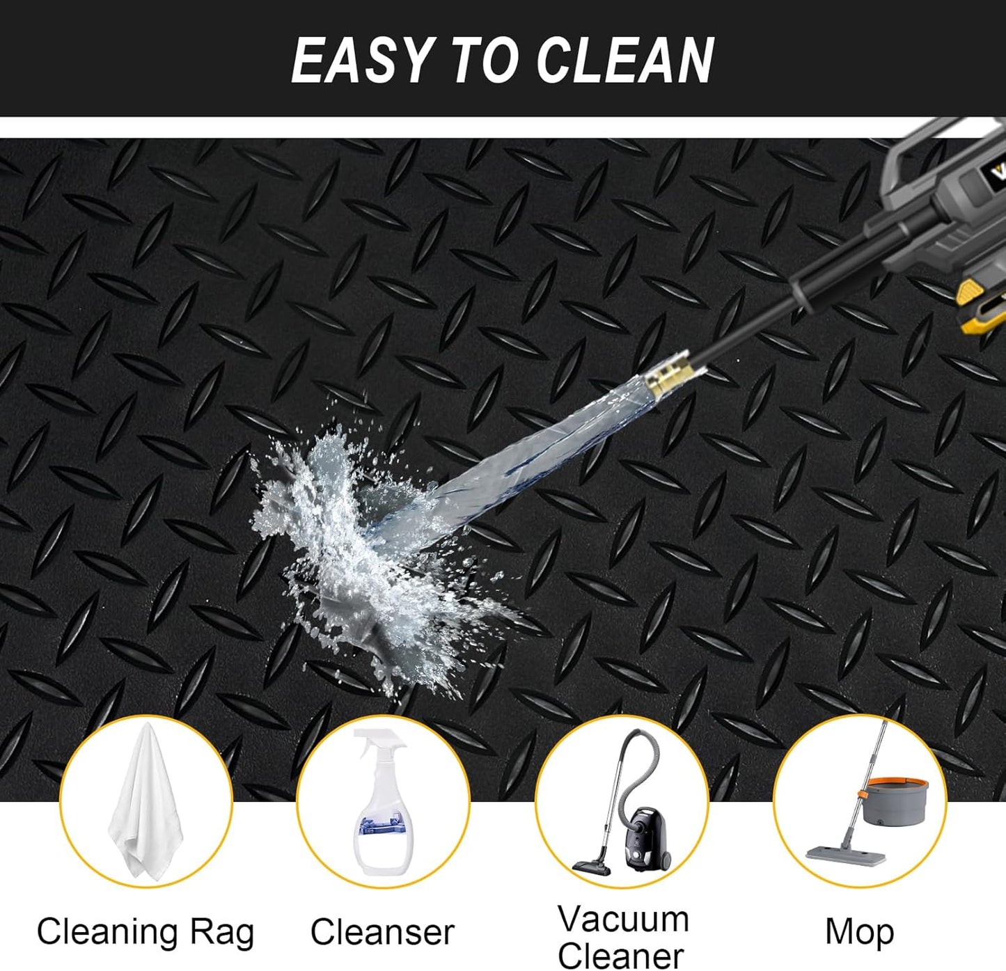 7.5x25 FT Garage Floor Mat, Updated 2.8mm Thicked Flooring Roll with 20Pcs Tapes, 188 sqft Diamond Plate PVC Rubber Trailer Mat, Non-Slip Floor Protector Mat for Garage Warehouse Gyms (Matte Black)